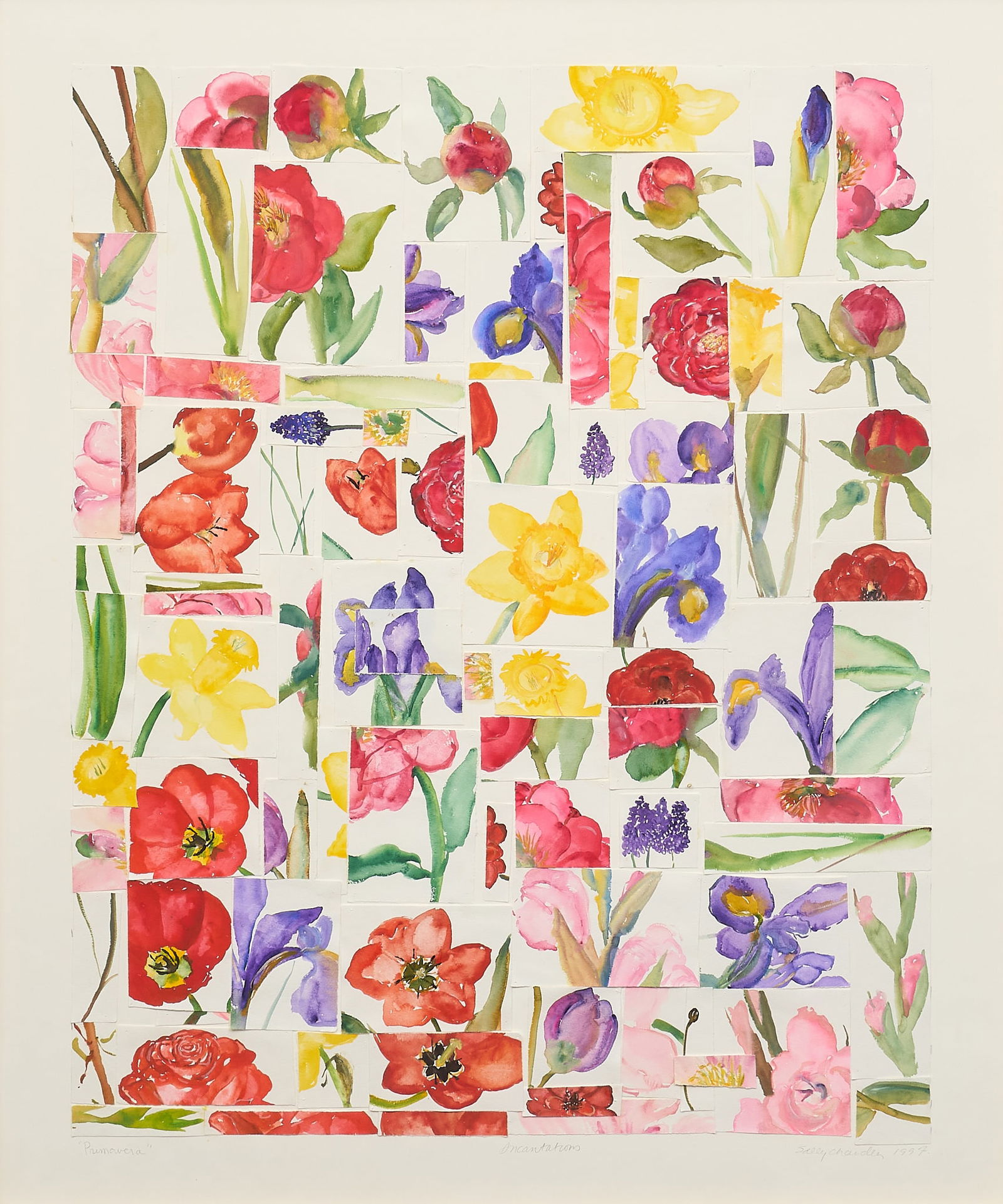 Sally Chandler, "Primavera": Sally Chandler (Amer., 20th-21st C.), "Primavera", watercolor collage, signed and dated lower right, 1997, titled lower left, inscribed "Incantations" at lower center, with gallery