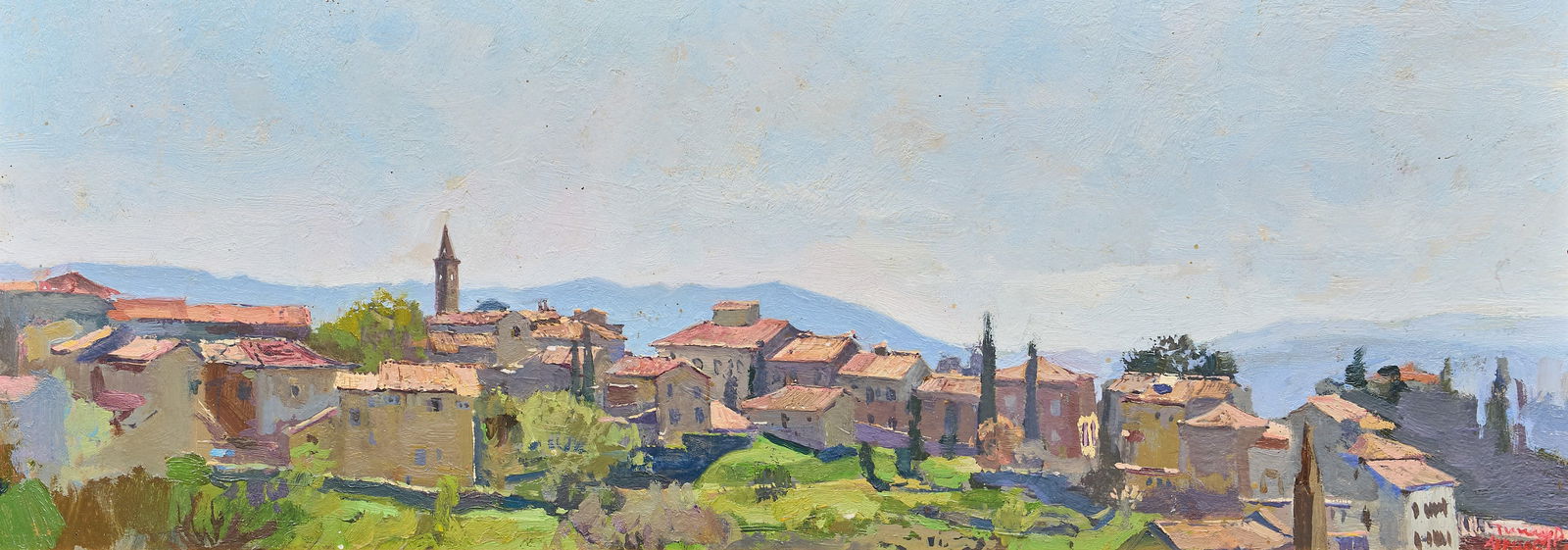 Timur Akhriev, "View at Settignano", 2006: Timur Akhriev (Russia / Amer., b. 1984), "View at Settignano", oil on archival board, signed lower right, with full inscription on the verso with title, signature, medium, size, an