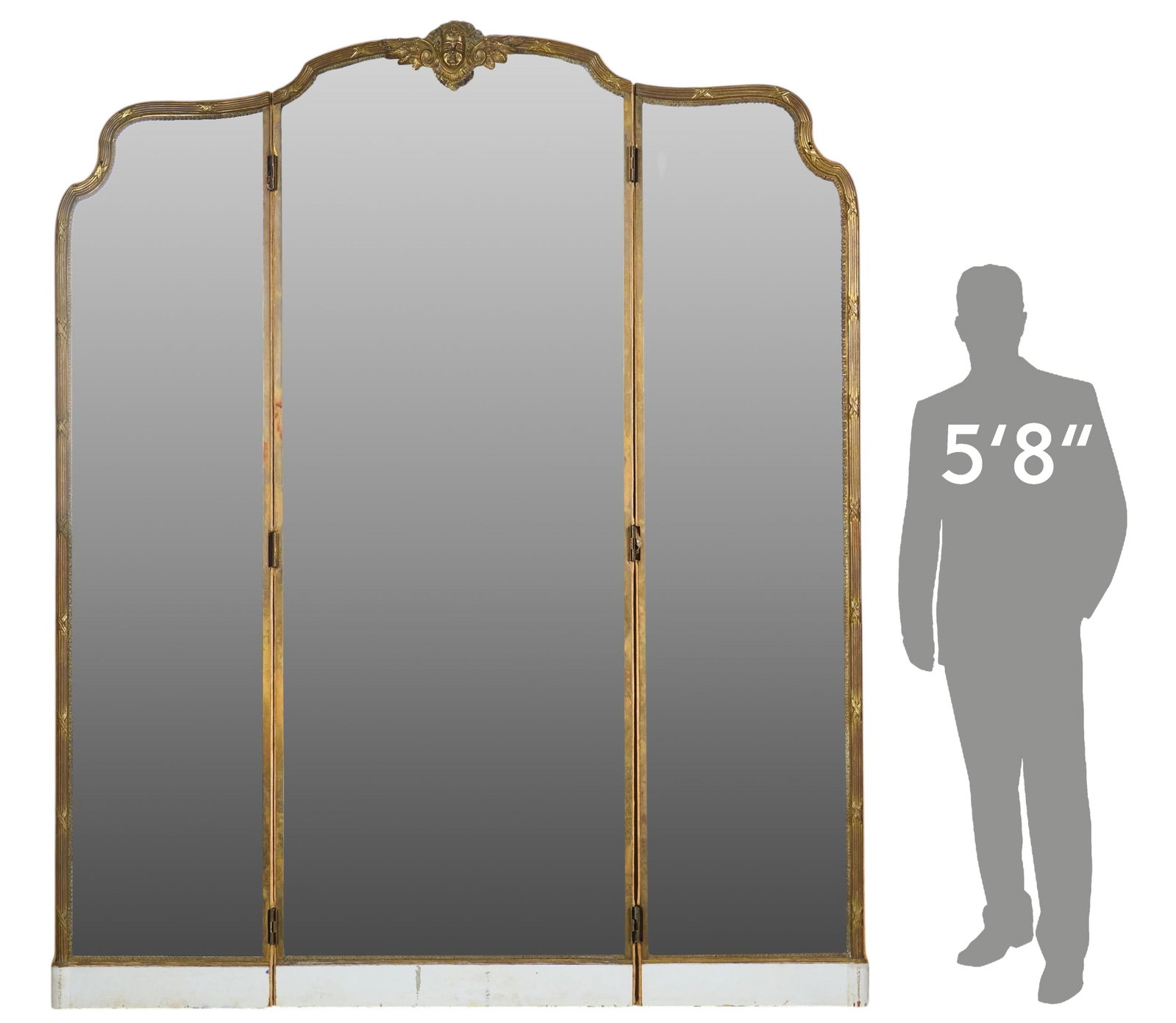 Three-Piece Monumental Gilt Mirror: Three-piece monumental gilt mirror, with cherub face at crest height 90 in. x width 80 in. x depth 2 in.