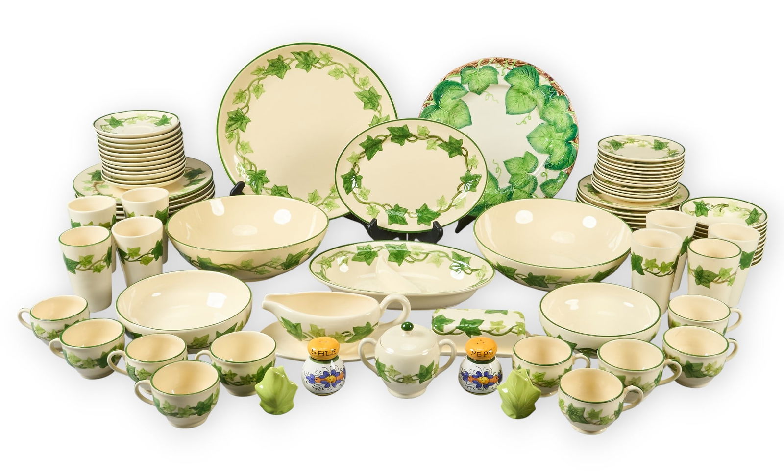 Large Collection of Franciscan Ivy Earthenware: Large collection of "Franciscan Ivy" earthenware, includes numerous plates, cups, and bowls of varying sizes, marked on underside height 1.5 in. x diameter 14 in. / charger Provenance: