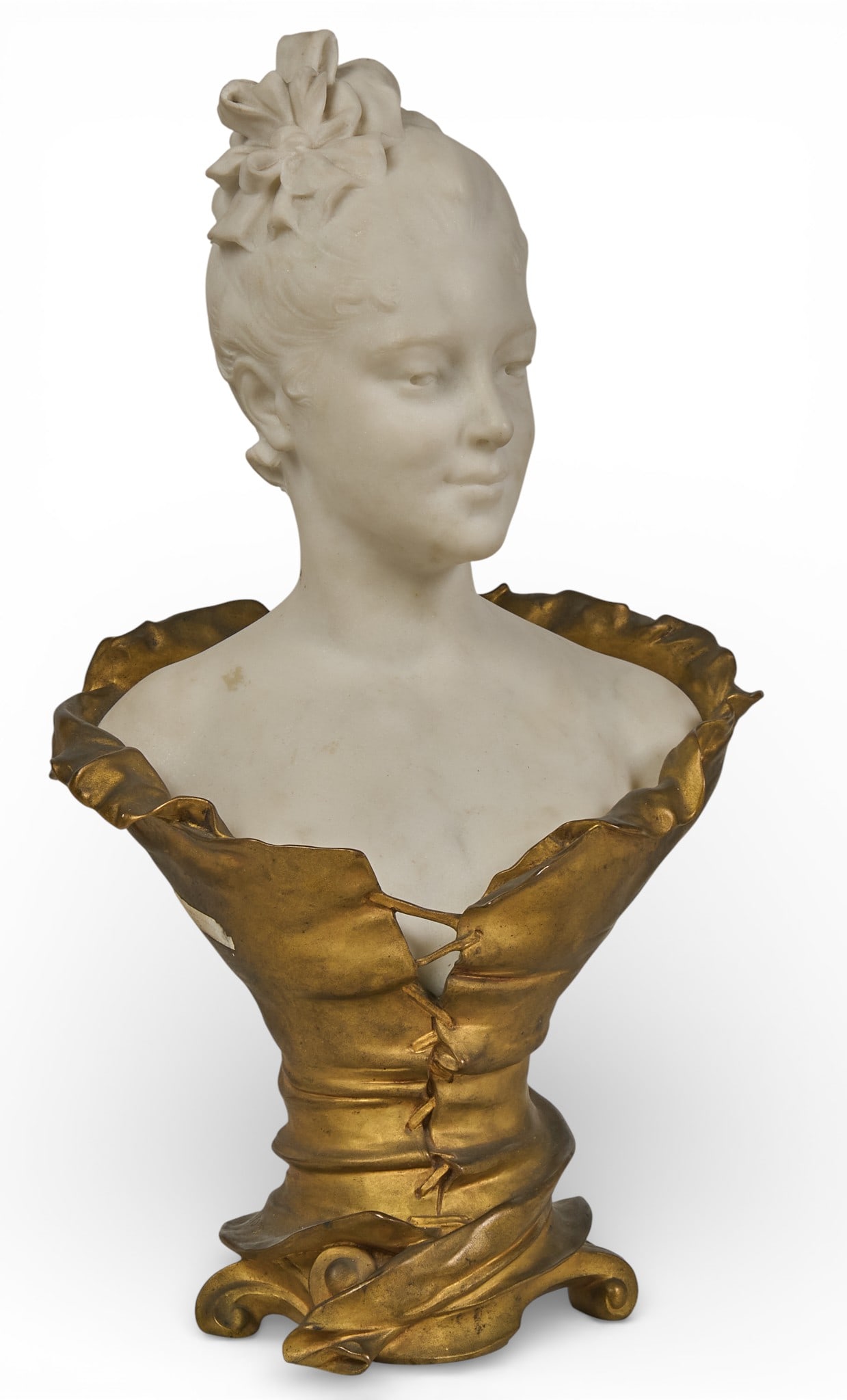 Eugene Marioton, Ormolu Bust: Eugene Marioton (France, 1854-1925), white marble bust of a lady wearing a gilt bronze corset style gown, stamped signature and Colin Paris foundry mark height 22 in. x width 12 in. x depth