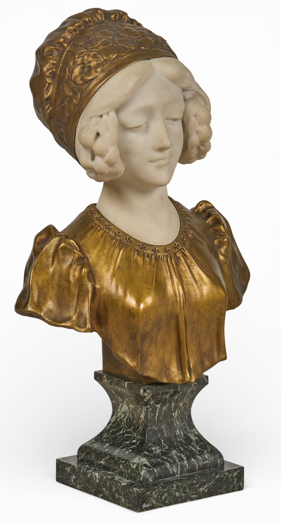 Affortunato Gory, Bronze and Marble Bust: Affortunato Gory (Italy / France, 1895-1925), carved marble bust of a maiden with gilt bronze accents and stone base, stamped signature "A Gory Paris" height 20 in. x width 12 in. x dep