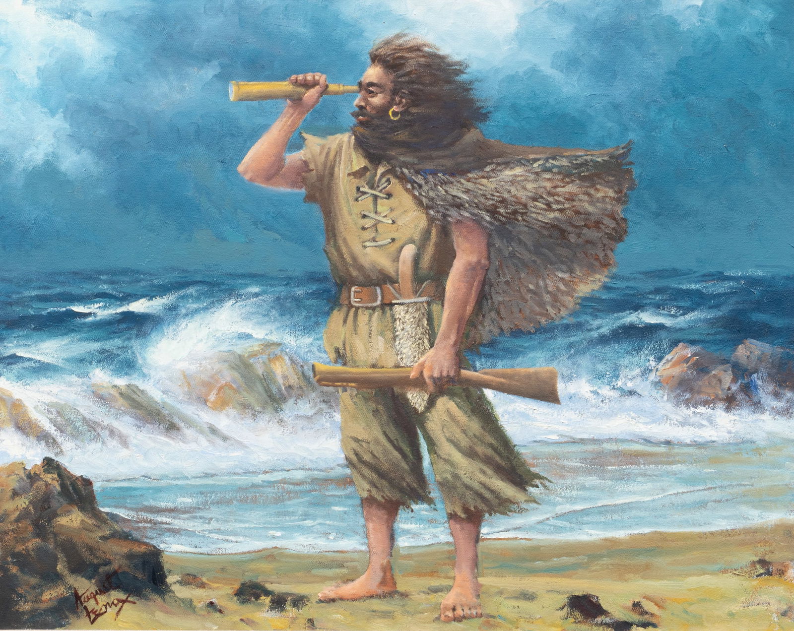 August Lenox, "Robinson Crusoe": August (Curley) Lenox (Texas / California, 1908-1986), Robinson Crusoe scene, oil on canvas, signed lower left sight: 24 x 30 in., frame: 35 x 41 in. Provenance: Property deaccessioned from