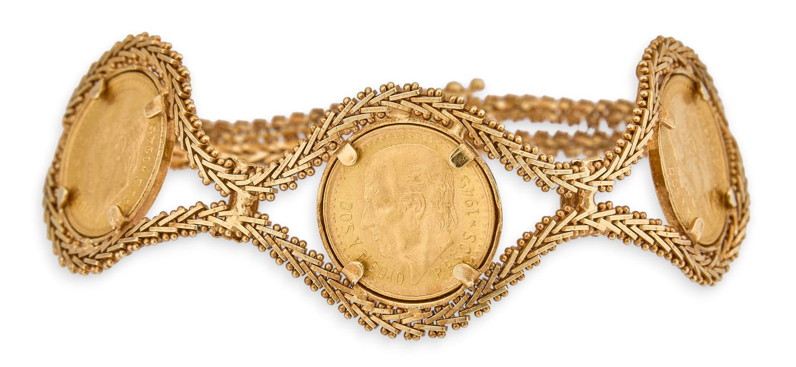 Vintage 14K Mexican Dos Y Medio Coin Bracelet: Vintage 14K yellow gold bracelet with three 1945 22K Mexican Dos y Medio coins, clasp marked "Made in Mexico, 14K" Length: 7 in.Total weight: 21.5 g Provenance: Property from a home in Laredo, Texas
