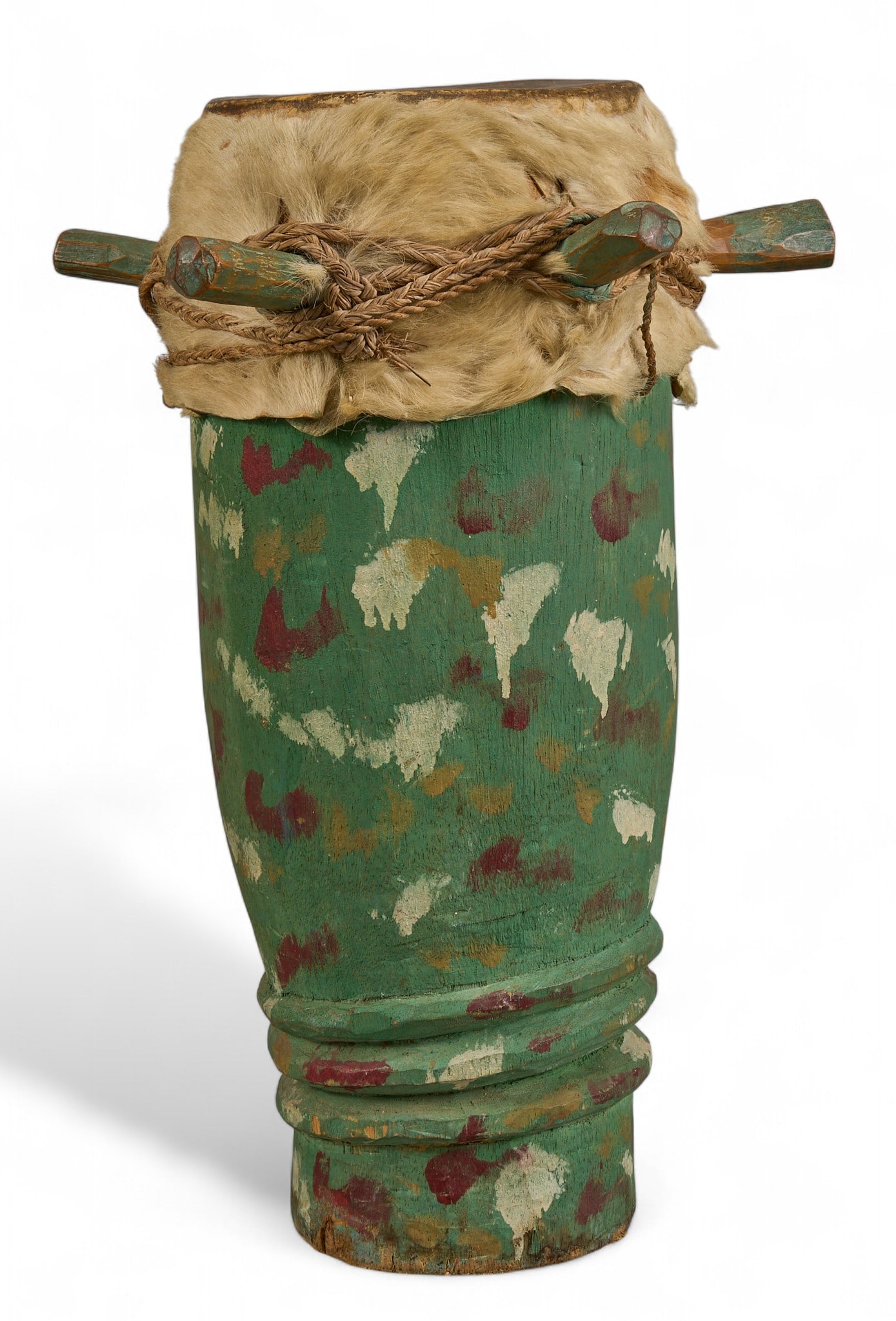 Vintage Haitian Vodou Drum: Vintage hand-made and painted Hatian Creole ceremonial Vodou drum, wooden construction with hair on hide, and braided rope details, circa 1940s height 19.5 in. x width 13 in. x depth 12 in. Prov