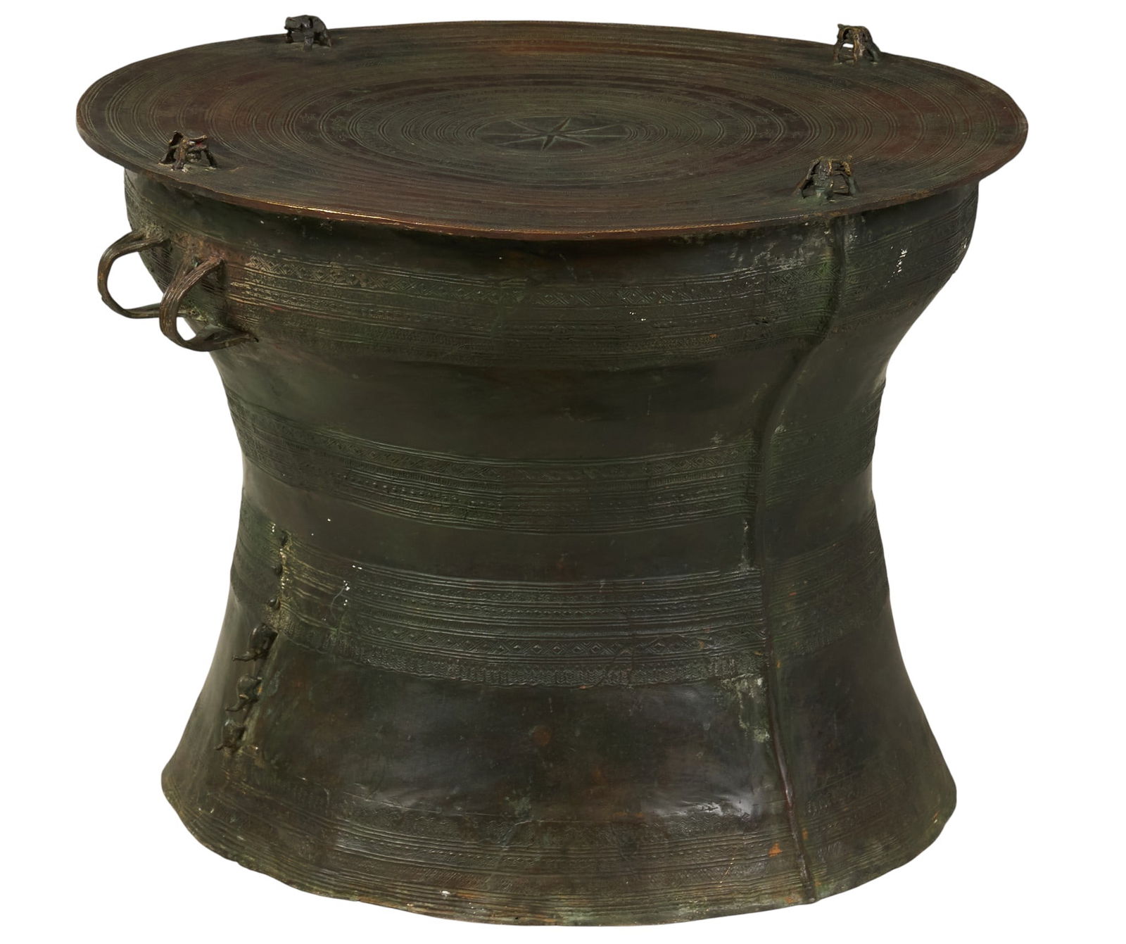 Dong Son Bronze Rain Drum, Vietnam: Vietnamese Dong Son bronze rain drum, with removable lid, frog-shaped handles, and incised decoration height 21 in. x width 26 in. x depth 26 in. Provenance: Property from a promin
