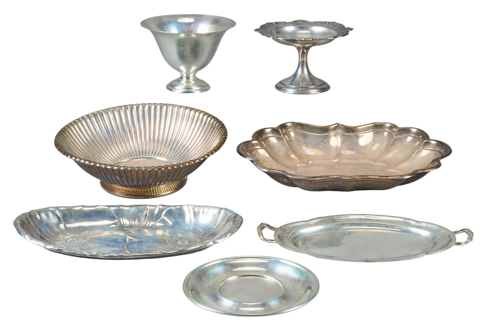 (7) Sterling Silver Holloware Dishes: Seven sterling silver holloware pieces, to include makers Gorham, Randahl, Wallace Silversmiths, and Windsor, each marked Total weight: 67.815 ozt Provenance: Property from an estate in San Antonio, T