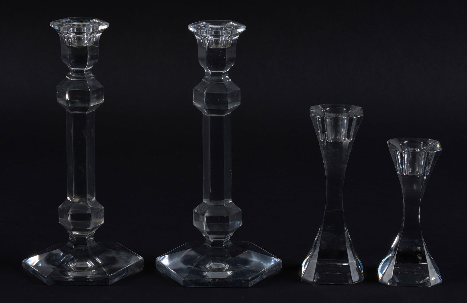 (4) Crystal Candlesticks: Four crystal candlesticks, to include one pair, one marked "Villeroy & Boch" height 9.5 in. x diameter 4.5 in. / largest