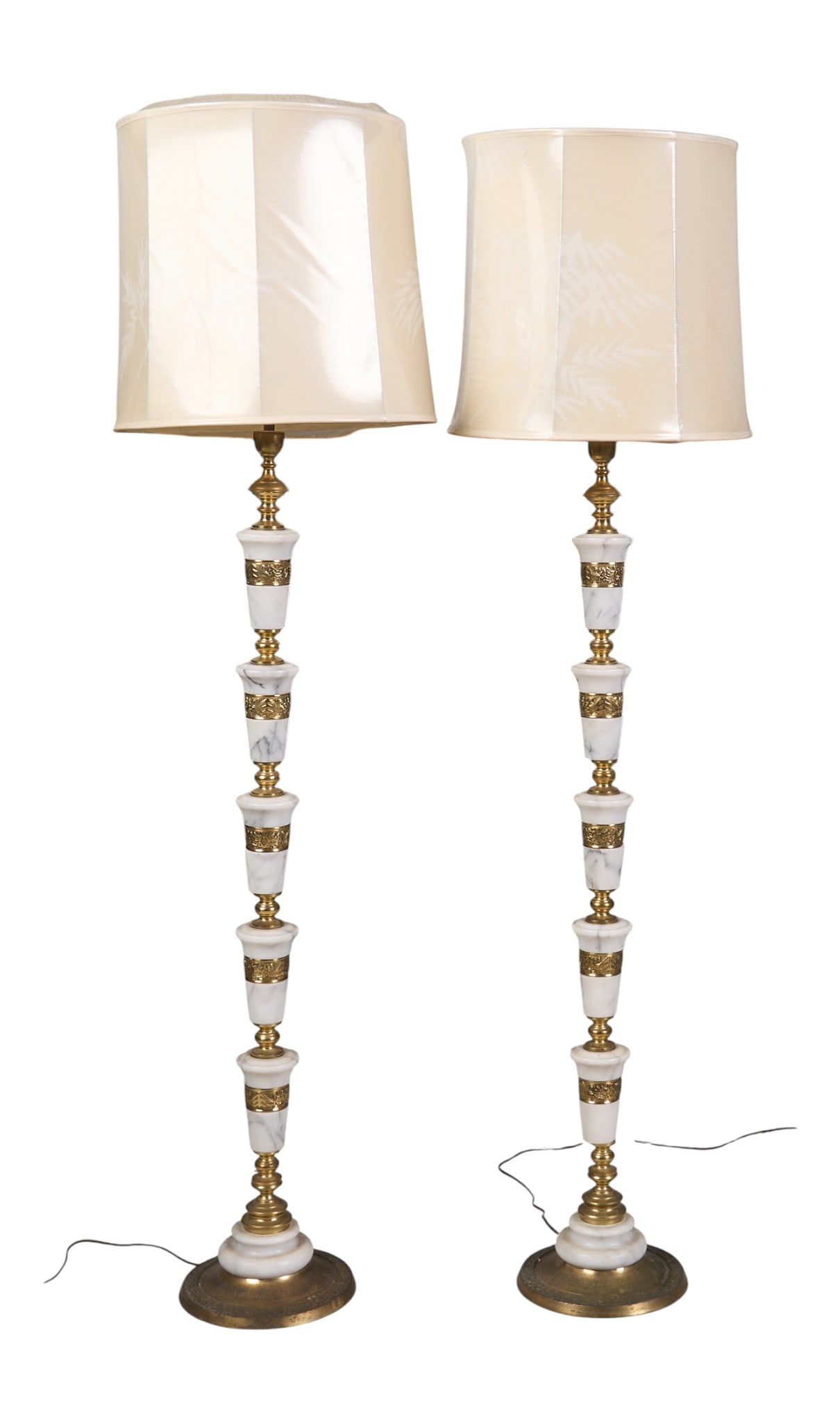Pair of Frederick Cooper Floor Lamps: Pair of Frederick Cooper floor lamps with marble and brass construction, in working condition, with shades with painted bamboo motifs height 64 in. x width 10 in. x depth 10 in. / each Provenanc
