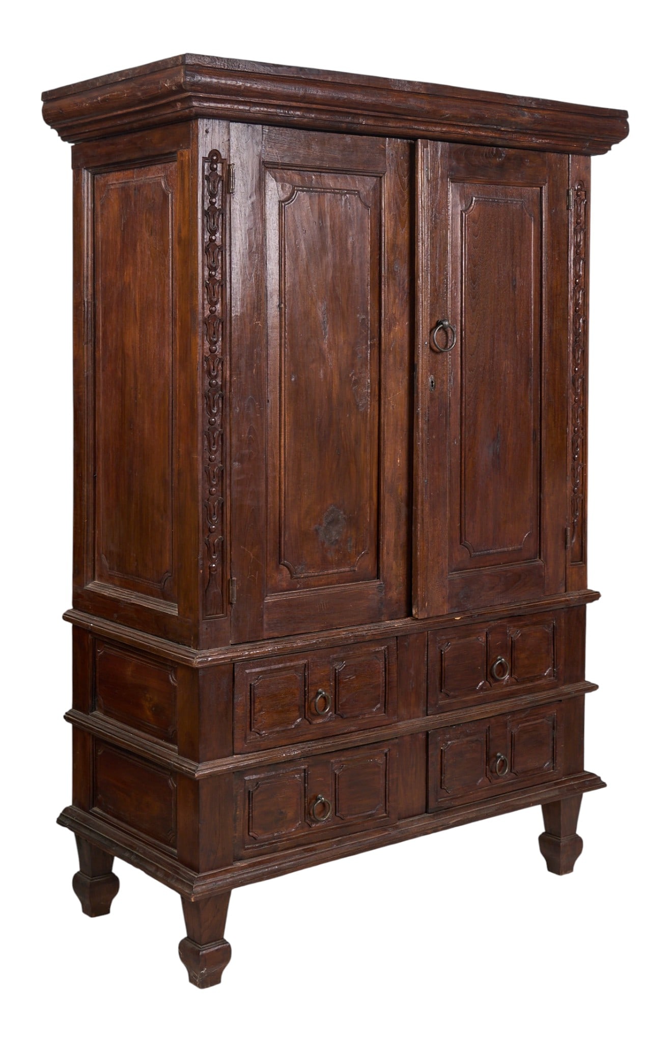 Antique Carved Wood Armoire: Antique armoire featuring carved details, two doors opening to shelves, and four drawers with circular metal pulls height 77 in. x width 52 in. x depth 25 in.