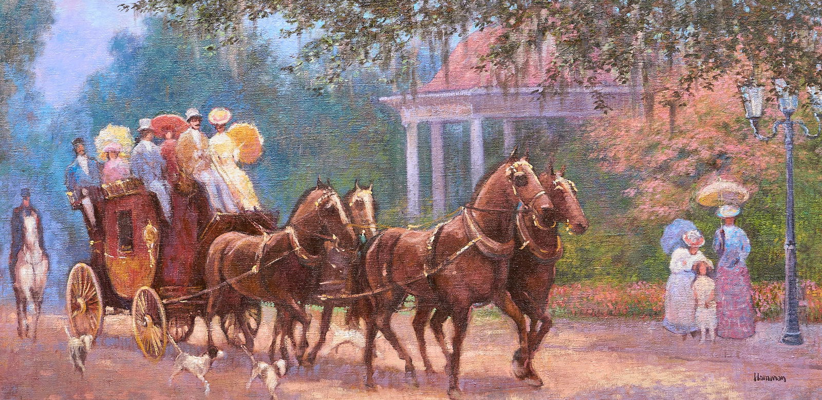 Robert Hamman, "Coaching", 1982: Robert Hamman (Texas, b. 1938), "Coaching", oil on canvas, signed lower right, with inscription from the artist on the verso, titled and dated, 1982 sight: 15 x 30 in., frame: 23 x