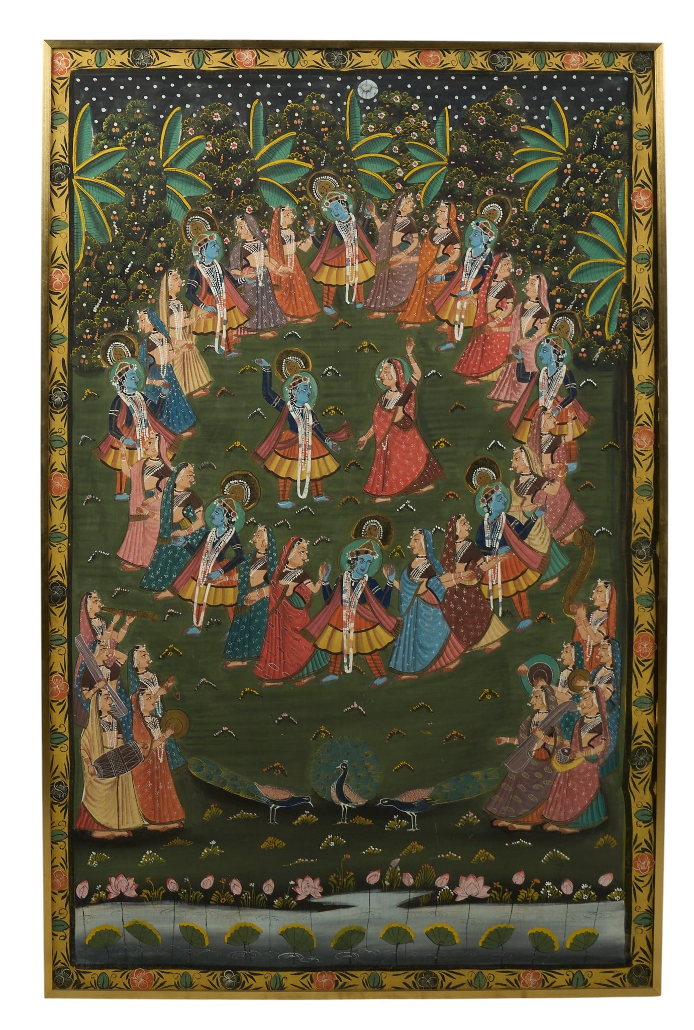 Indian Pichwai Painting of Krishna and Gopis: Framed Indian Pichwai painting depicting Krishna and Gopis in a circular dance height 71 in. x width 46.5 in. x 1.5 in. Provenance: Property from a prominent Kerrville, Texas businessman and collector