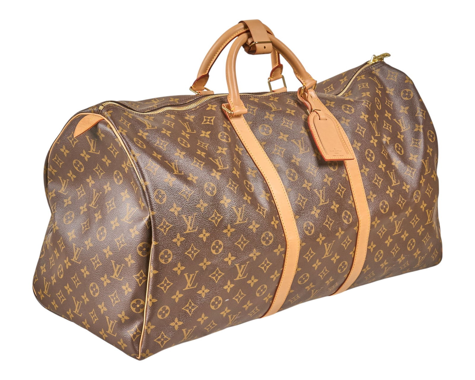 Louis Vuitton Keepall 60 Travel Bag: Louis Vuitton Keepall 60 travel bag of brown coated monogram canvas with vachetta handles, and gold-toned brass hardware, includes three keys and lock, two still in original boxes, and luggage tag; ma