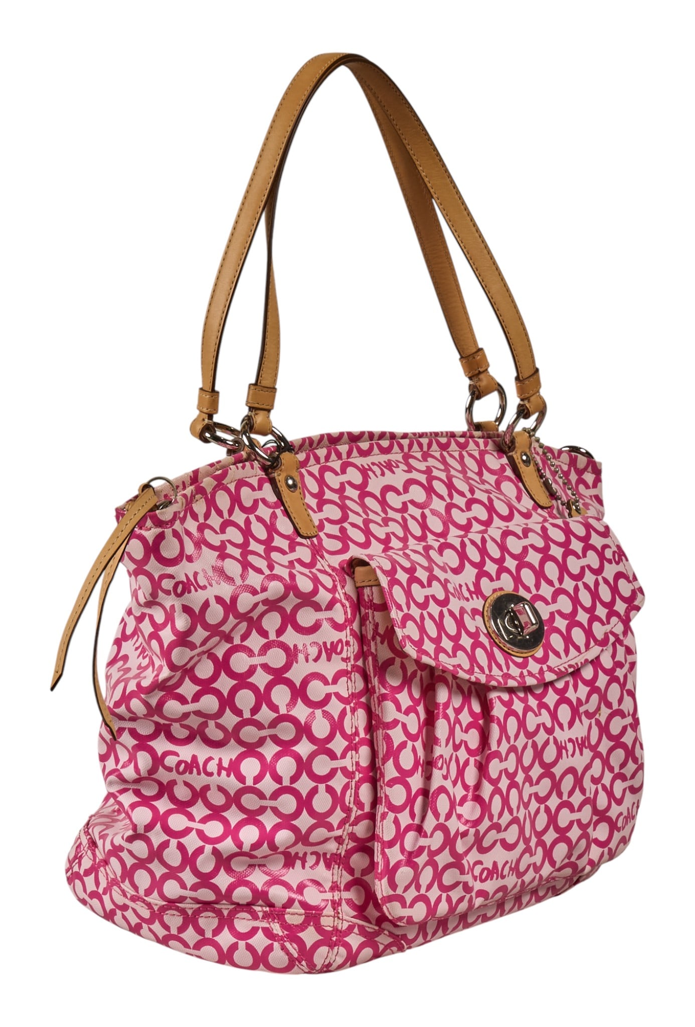 Coach Legacy Leah Pink Tote: Coach Op Art Leah tote bag with pink C monogram pattern, vachetta handles, and silver-tone hardware 12 in. x 19 in. x 9 in. Provenance: Property from a home in Chesterfield, Missouri 