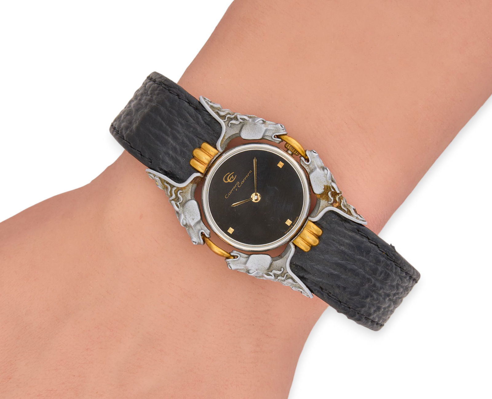 Philippe Charriol Equestrian Theme Wrist Watch: Philippe Charriol equestrian theme wrist watch with black dial, titanium case and black leather strap Provenance: Property from the Domini