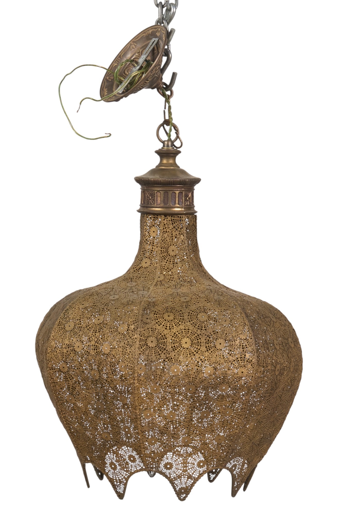 Morrocan Pendant Chandelier: Brass Moroccan pendant chandelier with intensely perforated design height 26 in. x width 15 in. x depth 15 in. Provenance: Property from the personal collection of a noted San Antonio, Texas lit