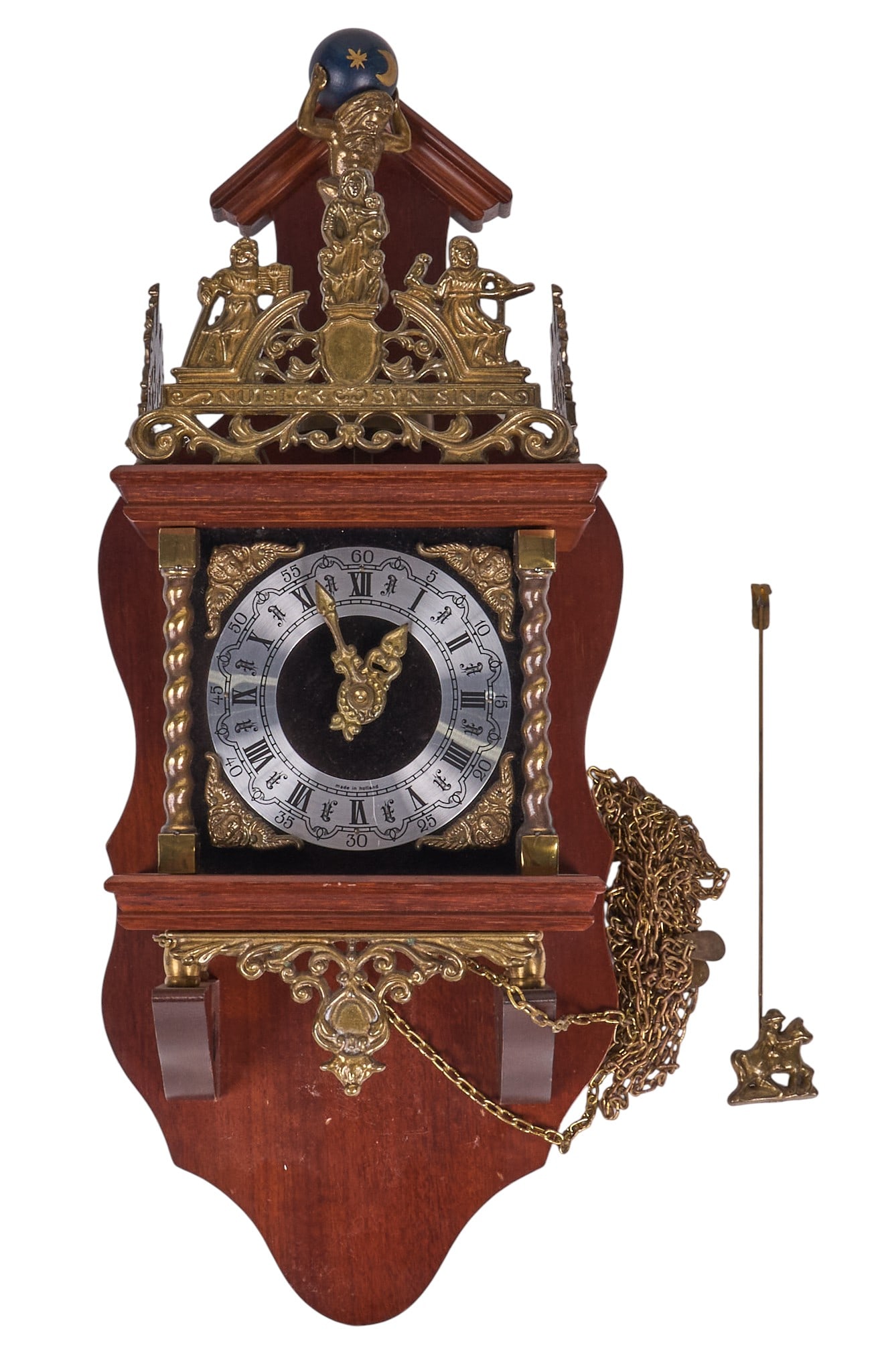 Wall Clock: Vintage German wall clock with brass mountings, pair of pear-shaped weights, and small pendulum, and small mounted figure depicting Atlas Holdin