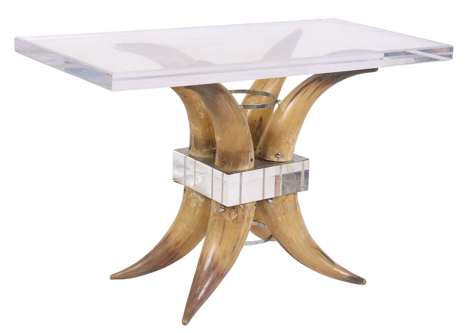 Horned Resin Console Table: Console table with thick rectangular resin top, supported on horned base height 31 in. x width 48 in. x depth 22.5 in. Provenance: P