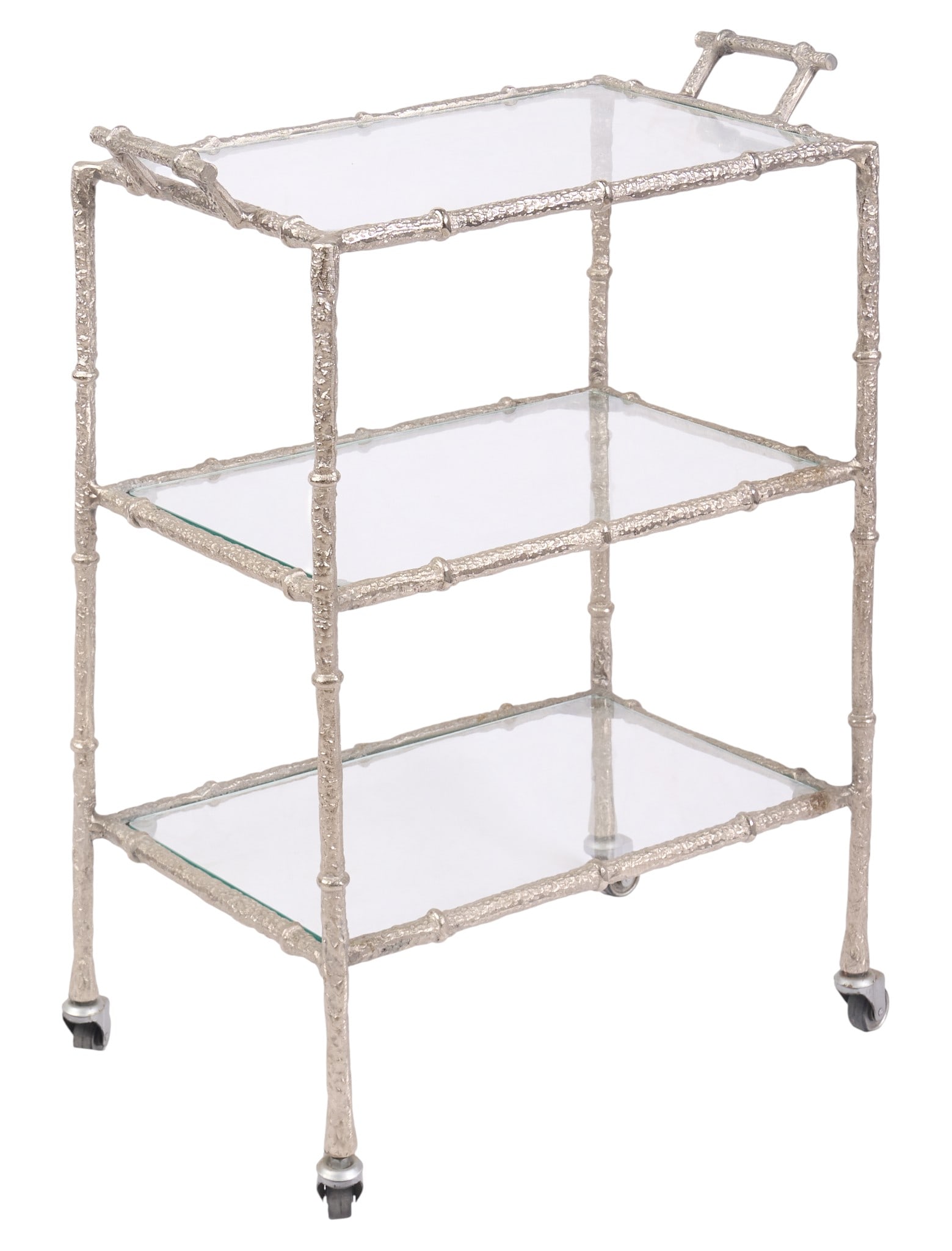 Silver-Toned Small Bar Cart: Metal bar cart, painted silver, with three glass shelves and handles, on casters height 31 in. x width 24 in. x depth 14 in. Provena