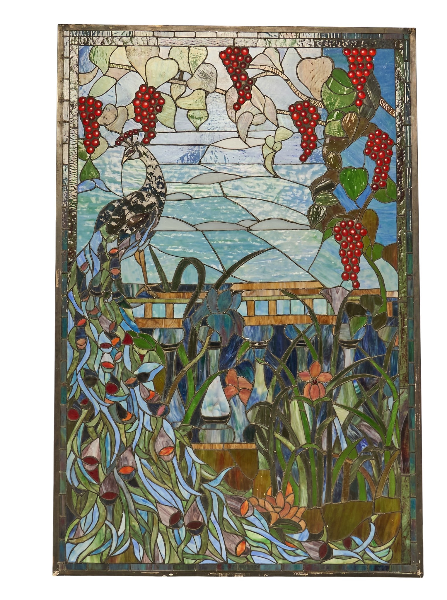 Large Leaded Glass Panel: Large leaded glass panel with flora and fauna motifs height 61 in. x width 41 in. x depth 0.5 in. Provenance: Property from the pers