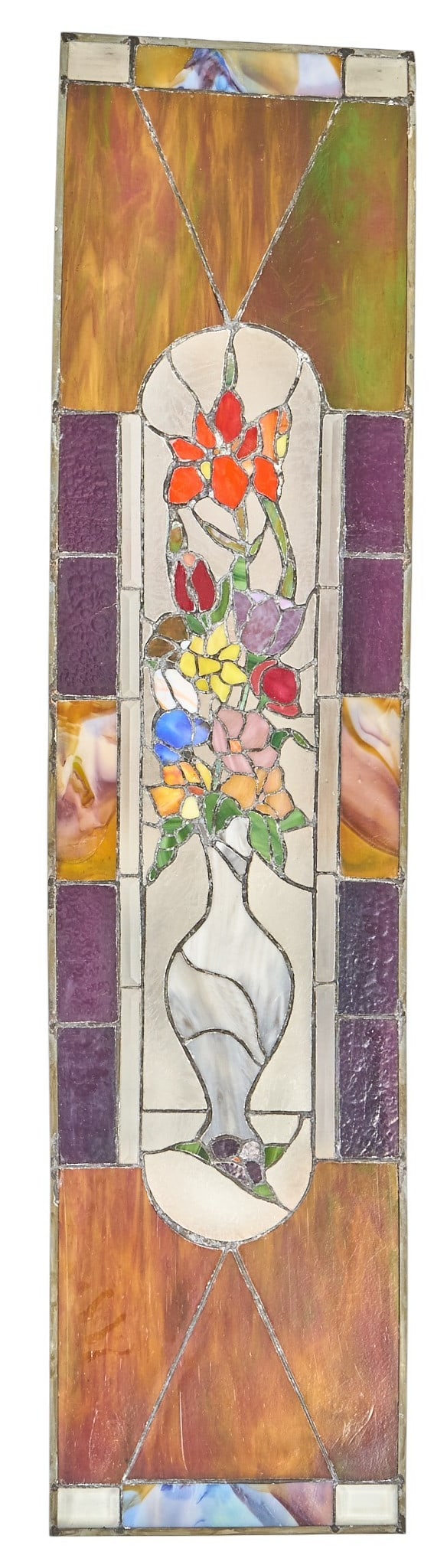 Floral Stained Glass Window Panel: Stained glass window panel with a vase and floral design on textured glass height 68 in. x width 16 in. Provenance: Property from a home in San Antonio, Texas