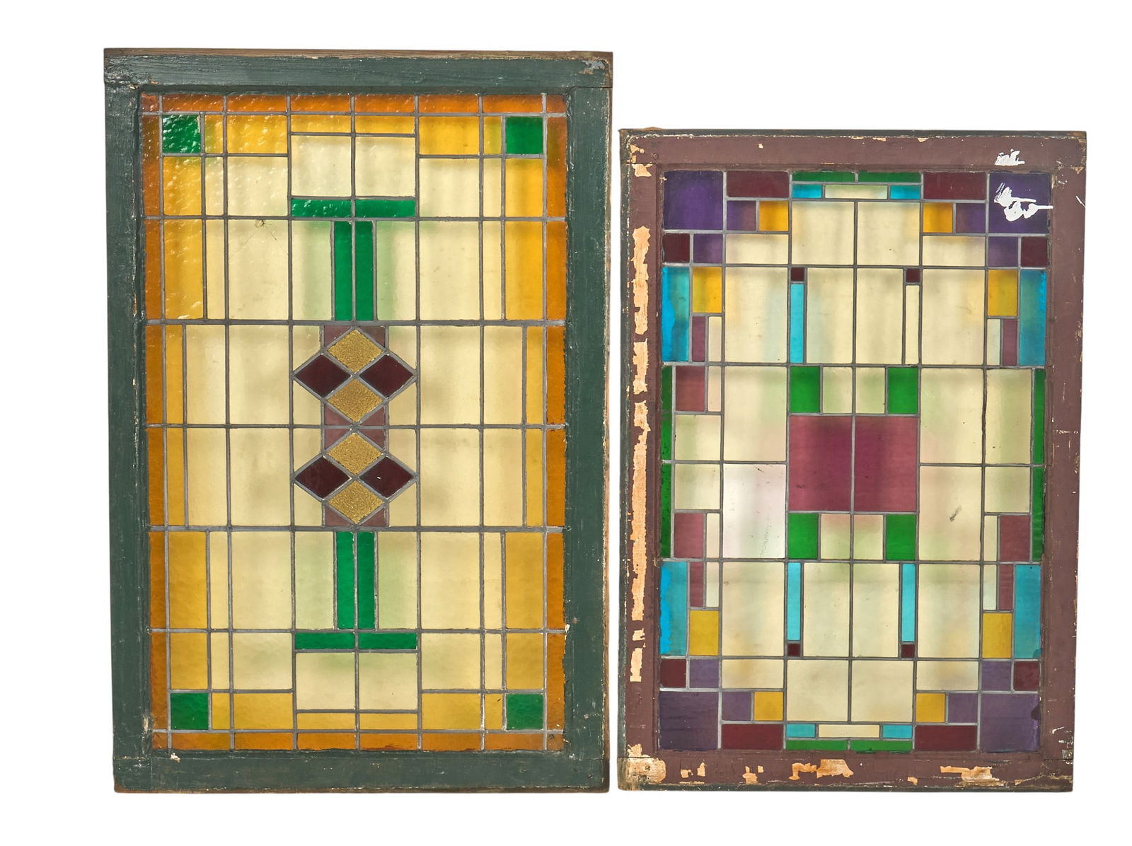 (2) Arts & Crafts Style Stained Glass Window Panels: Set of Arts & Crafts style stained glass window panels, each with colorful geometric designs set in wooden frames height 49 in. x width 32.4 in. x depth 2 in. / largest Provenance: Property from t