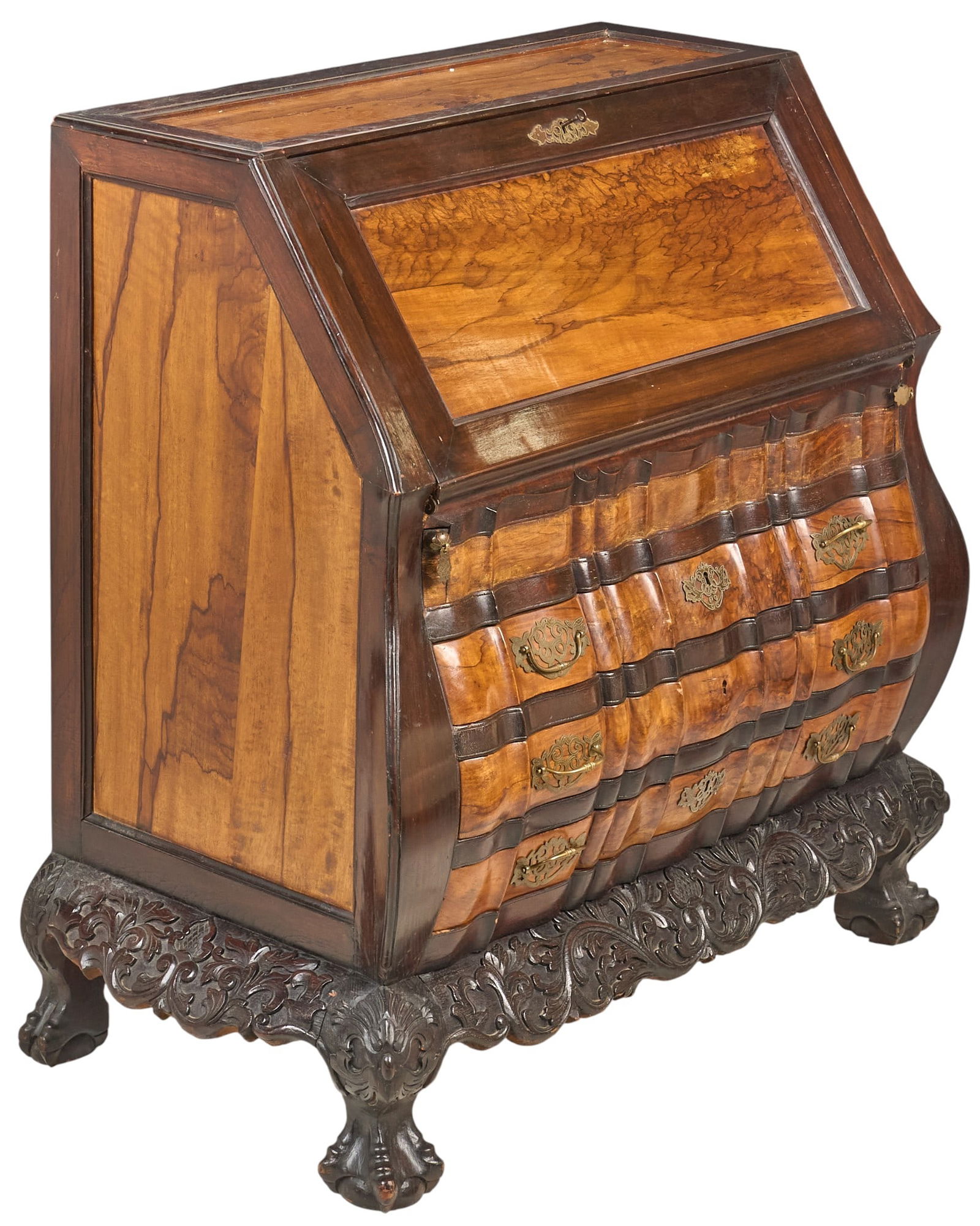 T. R. Fehrenbach | Writing Desk: T.R. Fehrenbach's personal writing desk from his Alamo Heights, Texas office, with inlaid wood veneer and ornate carved base, with drop-front writing surface and multiple drawers, with c