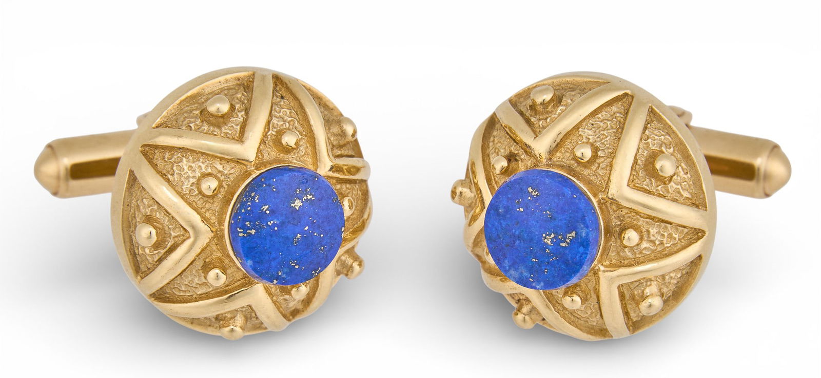 T.R. Fehrenbach | 14K Lapis Cufflinks: 14K yellow gold cufflinks, with central inlaid circular lapis stones, marked "NR 585"Total weight: 14.5 gProvenance: The personal estate of noted Texas historian and author Theodore Reed