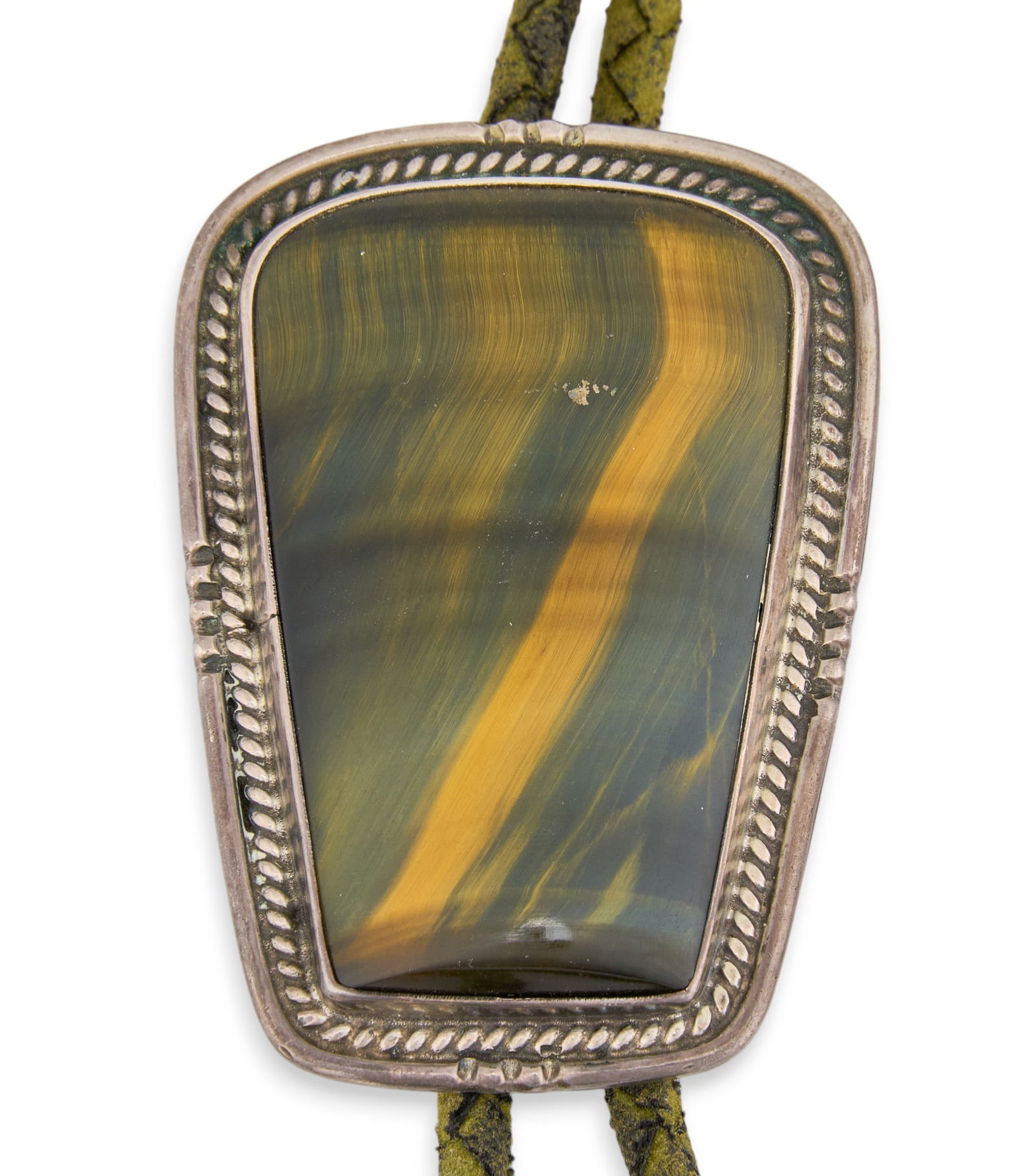T. R. Fehrenbach | Tiger's Eye Bolo Tie: Sterling silver bolo tie with inlaid tiger's eye stone, featuring twisted rope details, on braided green cord, marked "Sterling" and "P. Sunbird"Length: 36 in. Total weight: