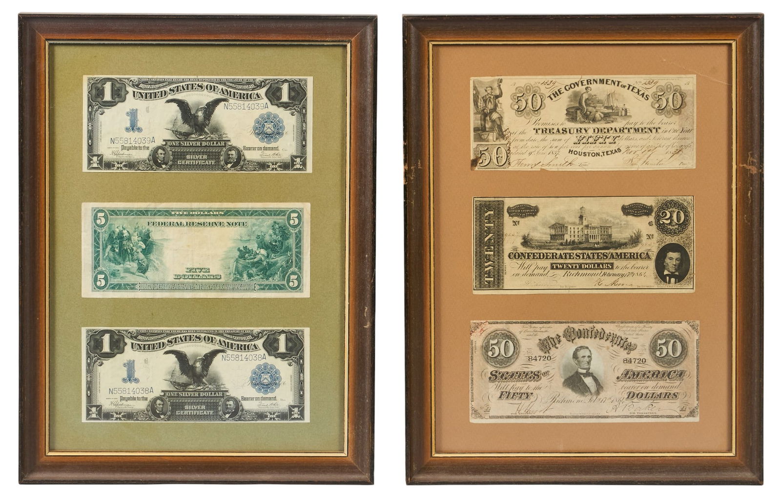 T. R. Fehrenbach | Framed Confederacy & Black Eagle Notes: Two framed sets of currency, one with two Black Eagle one-dollar notes and a five-dollar Federal Reserve Note, the other with three Confederate States of America notes, includes