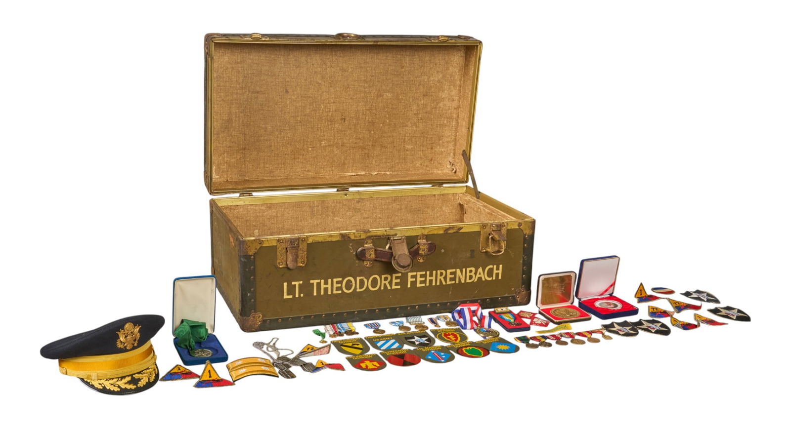 T. R. Fehrenbach | Military Footlocker & Memorabilia: Military footlocker and memorabilia from T.R. Fehrenbach's military service in the Korean War, includes dog tags, badges, medals, patches, ribbons, and military hat, circa 1940s-1950s, includes