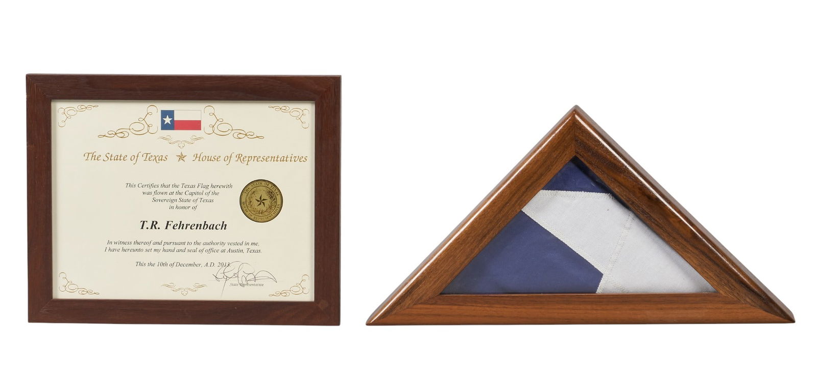 T. R. Fehrenbach | Memorial Flag & Texas House of Representatives Certificate: Texas state flag flown over the Capitol in memory of T.R. Fehrenbach, presented in triangular case, with framed Texas House of Representatives certificate, includes Certificate of Authenticityheight