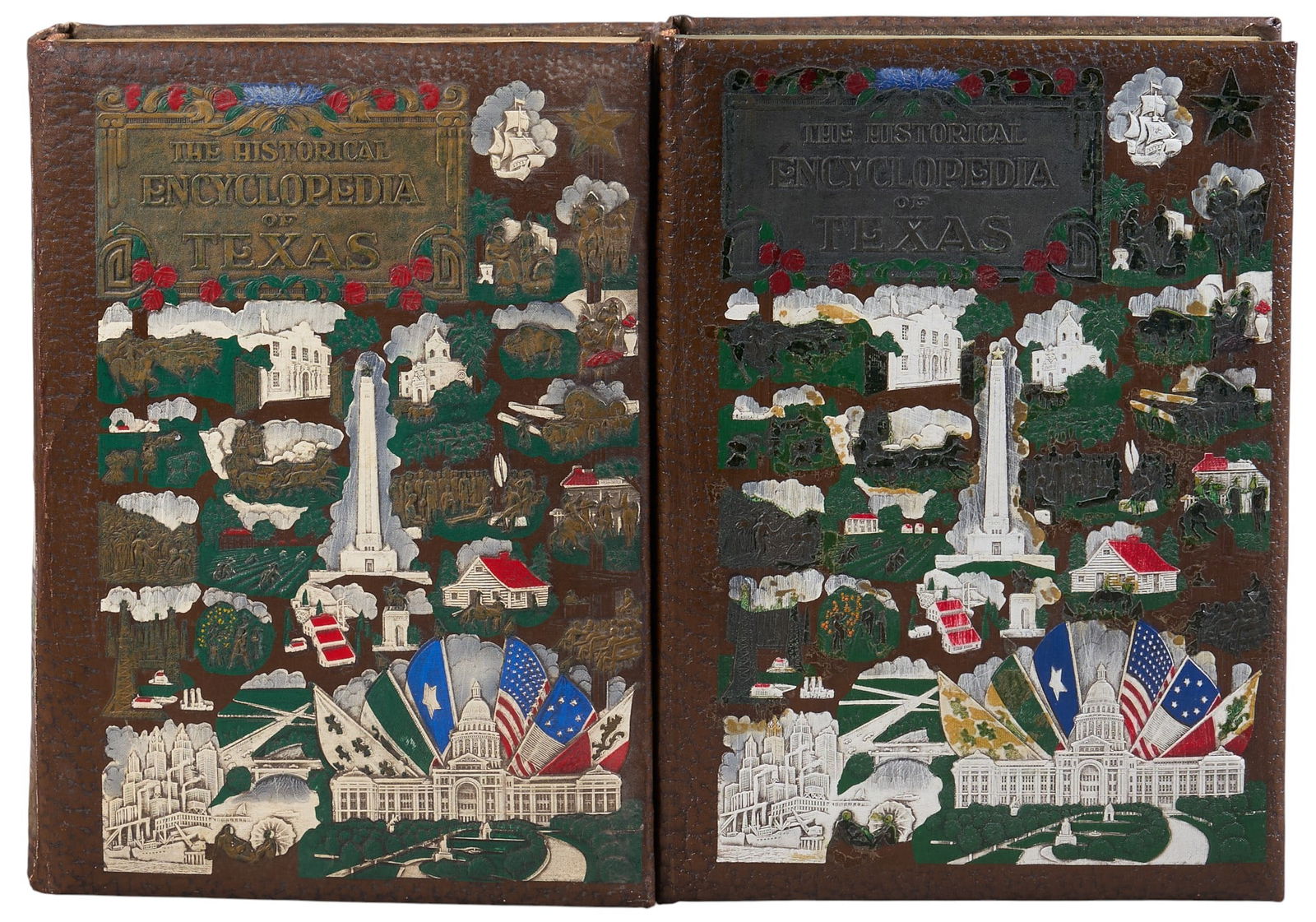 The New Encyclopedia of Texas, 2 Volumes: Two volume set of "The New Encyclopedia of Texas", published by the Texas Historical Society, with brown leather binding, gilt lettering and decorative embossing, Volume I and Volume II, oct