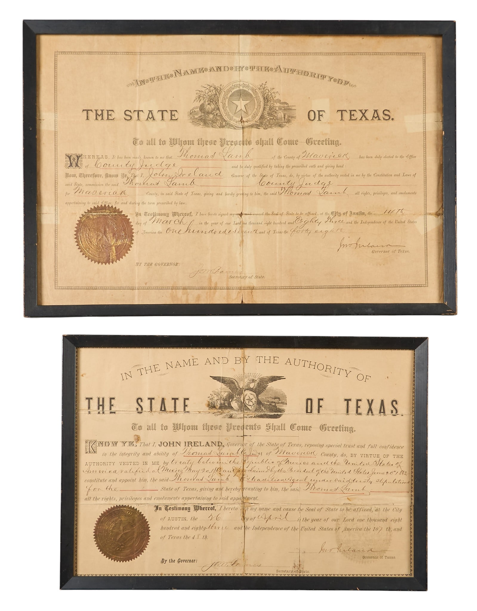 (2) 1883 Historical Texas Documents: Two framed historical documents from the State of Texas, to include a document appointing Thomas Clark as the Maverick County Judge in 1887, and a document appointing for Thomas La