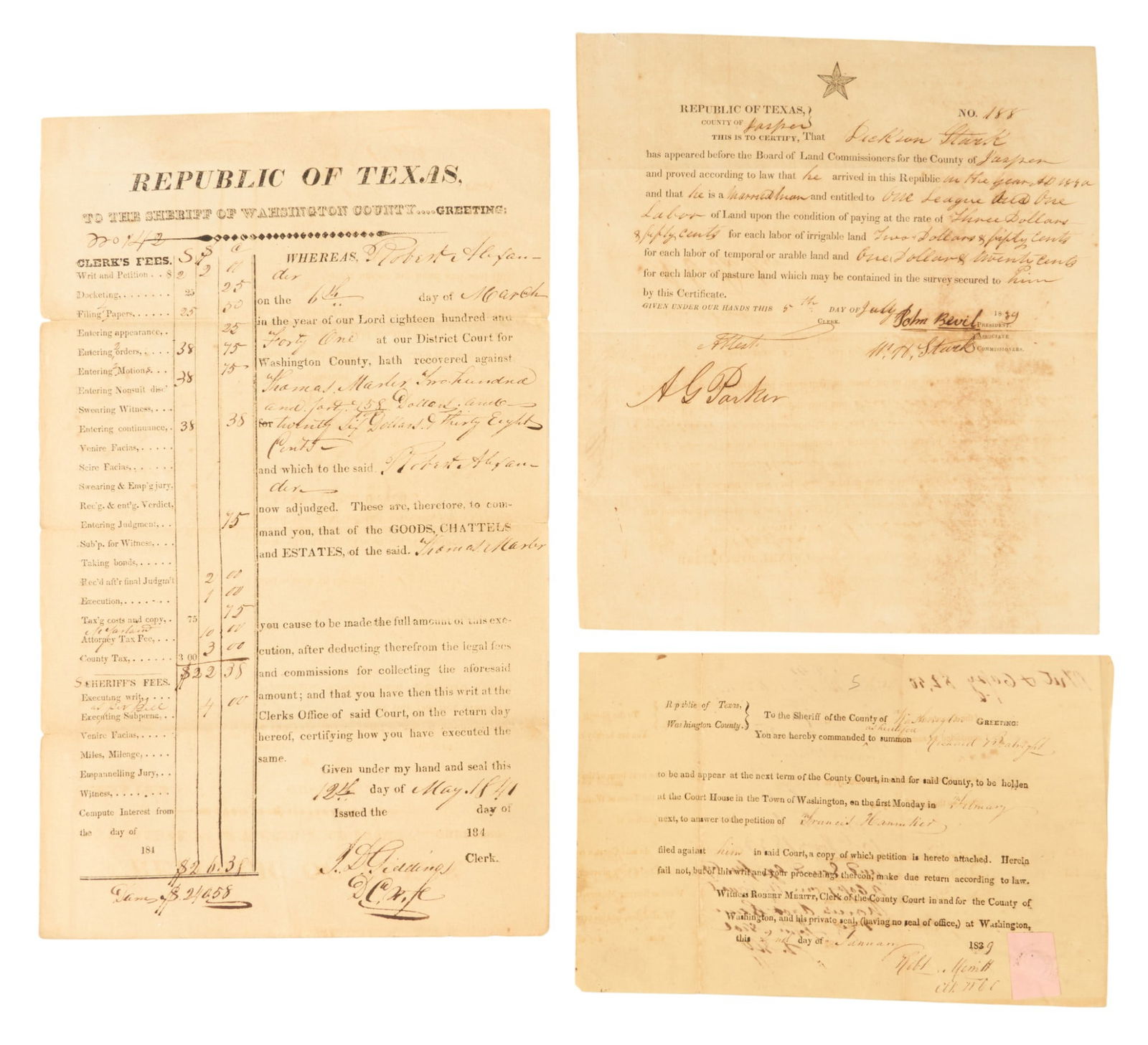 Republic of Texas Documents (1837-1840): Group of three Republic of Texas documents, dating from 1837 to 1840 Provenance: Property from a home in San Antonio, Texas