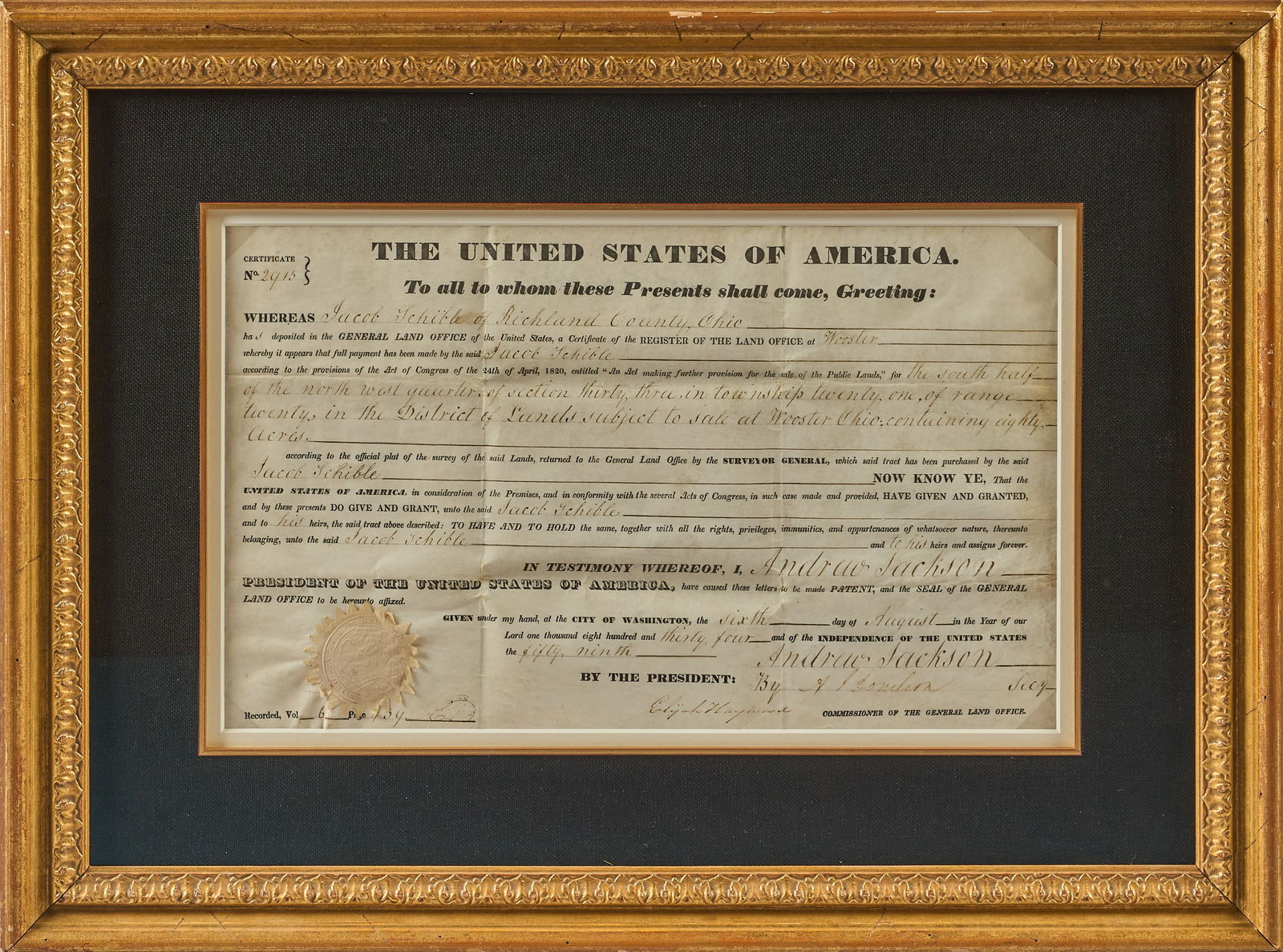 1834 Land Grant from Andrew Jackson (1 of 4)