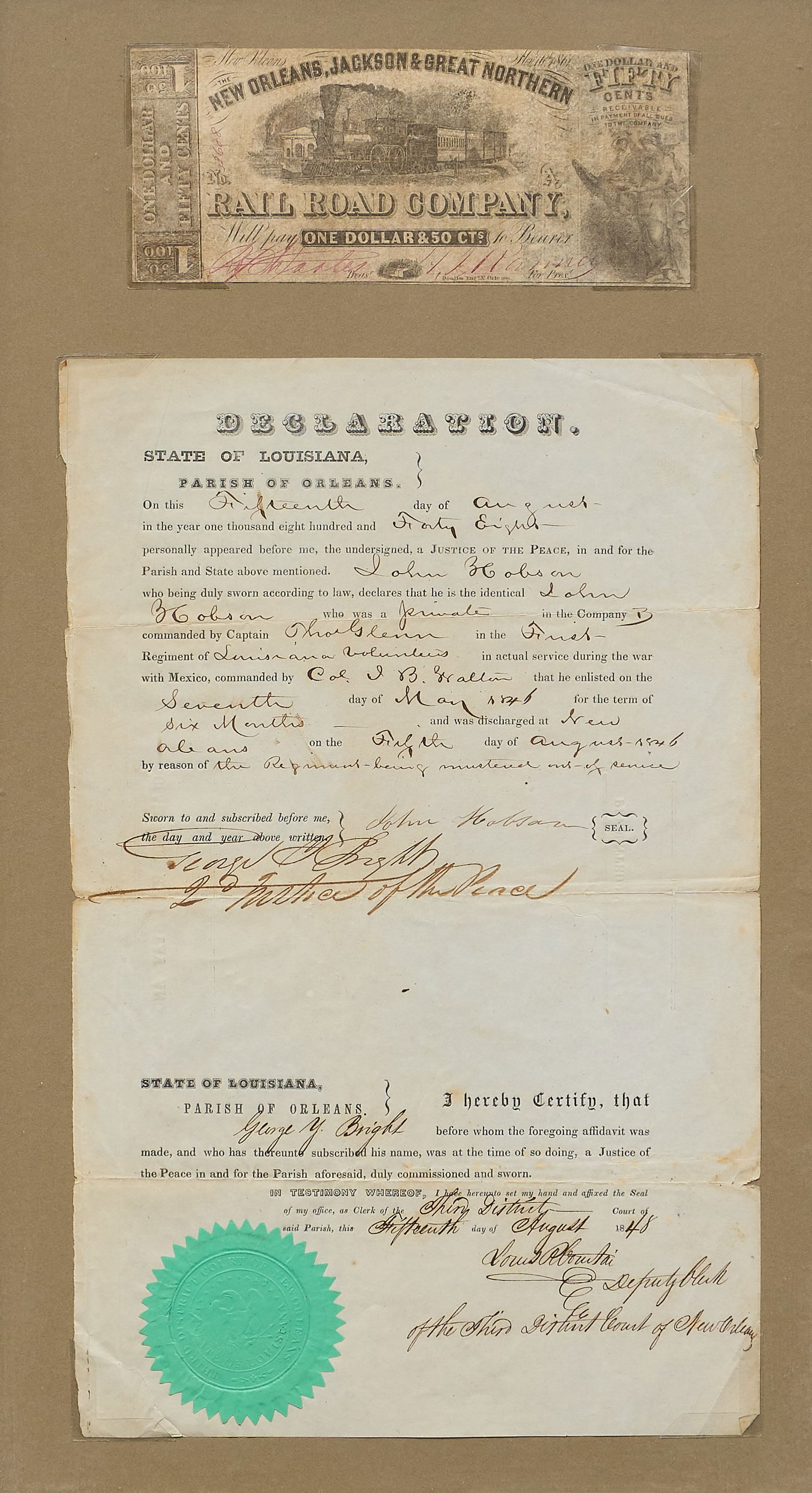 Proof of Military Service, New Orleans, 1848: Antique document verifying military service by John Hobson, who served with the Louisiana Volunteers during the Mexican-American War in 1846; document dated 1848, undersigned by Justice of the