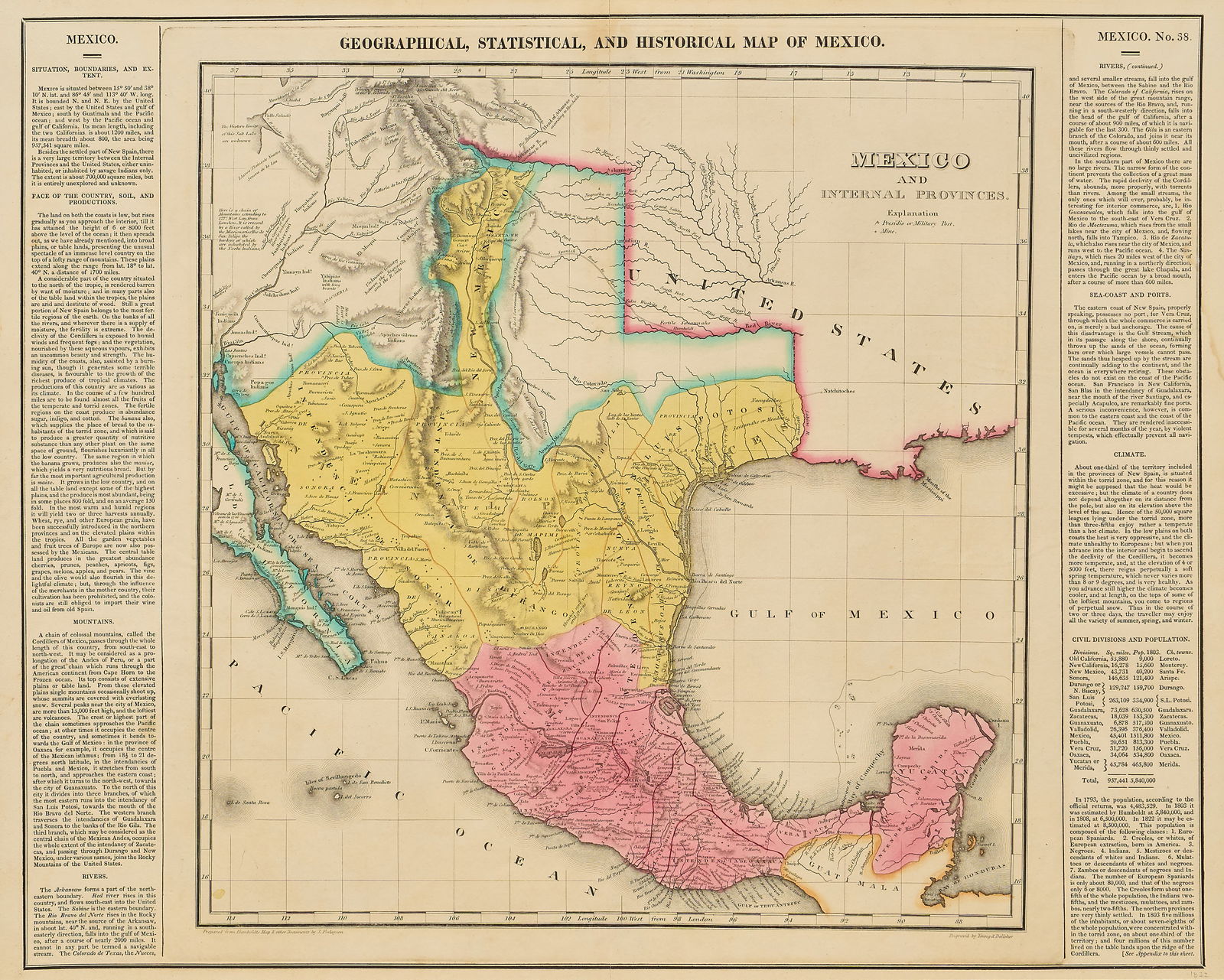 1822 Carey and Lea Map of Texas: 1822 original map of Texas when part of Mexico, produced by Carey and Lea, with original appendix description page on bage of frame sight: 17.5 x 21.5 in., frame: 18 x 24 in.Provenance: Property
