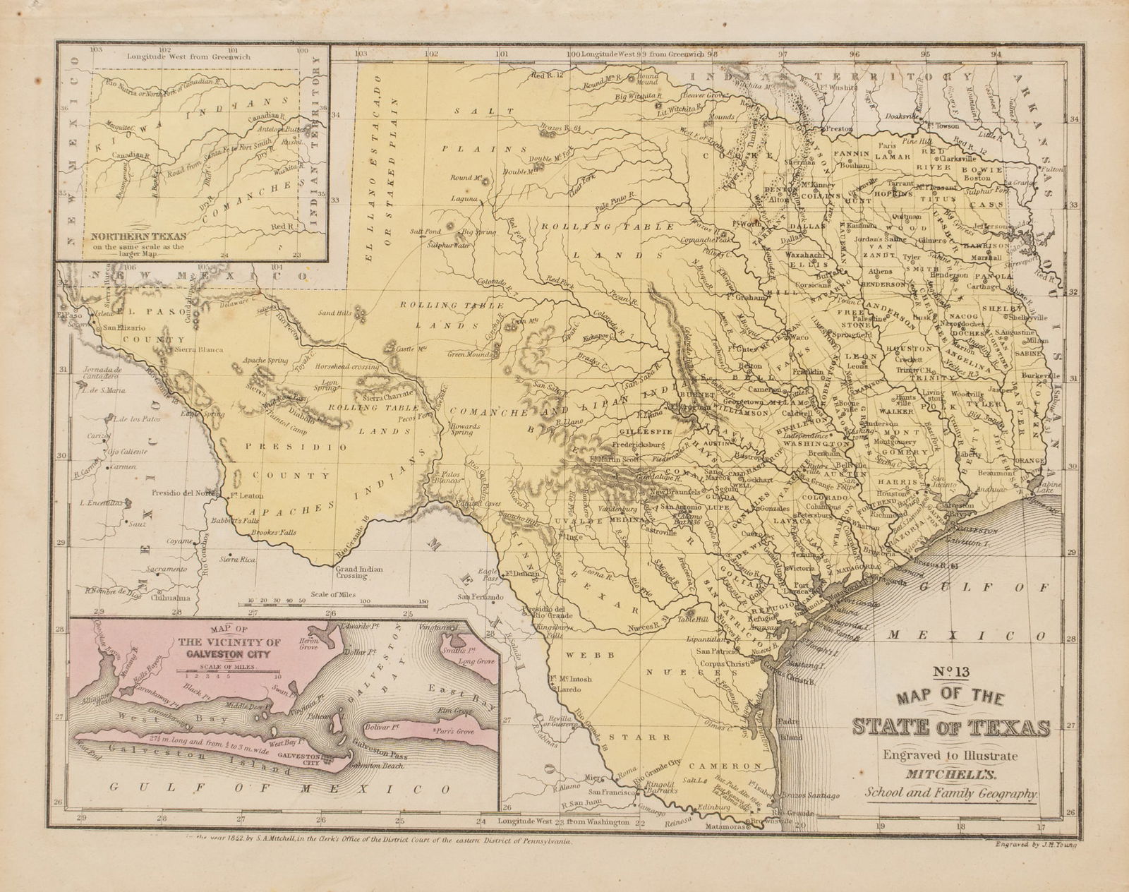 1852 S.A.Mitchell. Map of Texas: 1852 hand-colored original map of Texas produced by S.A. Mitchellsight: 9 x 11.5 in., frame: 11 x 14 in.Provenance: Property from the home of a Bluffton, Indiana life-long collector of primitive