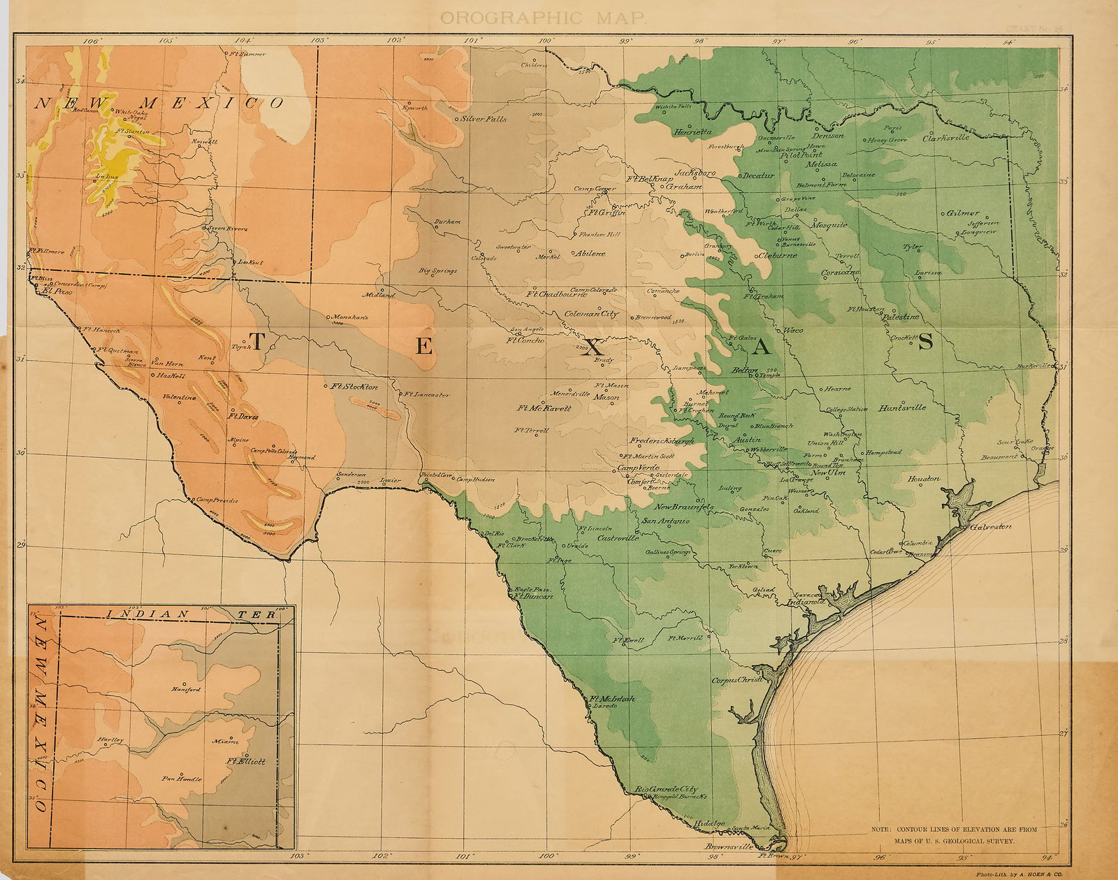 1852 Hoen & Co. Map of Texas: 1892 colored original map of Texas produced by Hoen & Co. of U.S. Geological Survey. sight: 17 x 21.5 in., frame: 18 x 24 in.Provenance: Property from the home of a Bluffton, Indiana