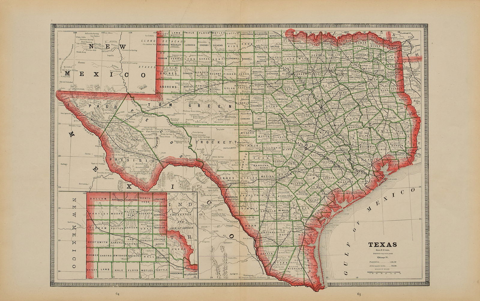 1883 Geo.F.Cram. Map of Texas: 1883 original map of Texas produced by Geo.F.Cram sight: 13.5 x 22 in., frame: 18 x 24 in.Provenance: Property from the home of a Bluffton, Indiana life-long collector of primitive tools