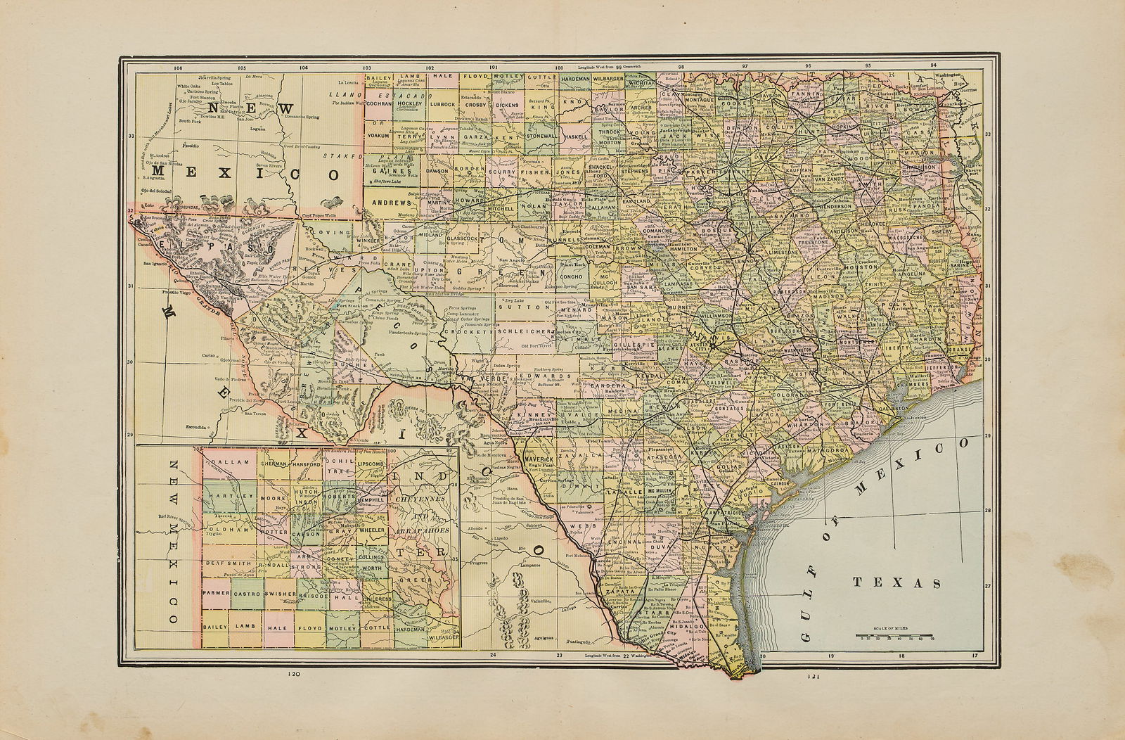 1892 Geo. F. Cram Map of Texas: 1892 colored original map of Texas produced by Geo.F.Cram.sight: 14.5 x 21.8 in., frame: 18 x 24 in. Provenance: Property from the home of a Bluffton, Indiana life-long collector of
