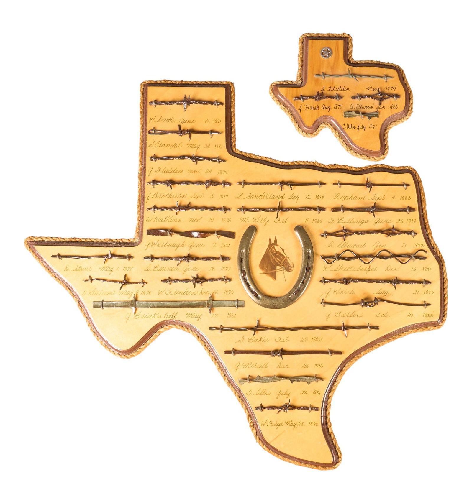 (2) Texas-Shaped Barbed Wire Displays: Two Texas-shaped barbed wire displays, one large and one small, with labeled and dated barbed wire samples height 24 in. x width 26 in. x depth 1 in. / largest Provenance: Property from a home i