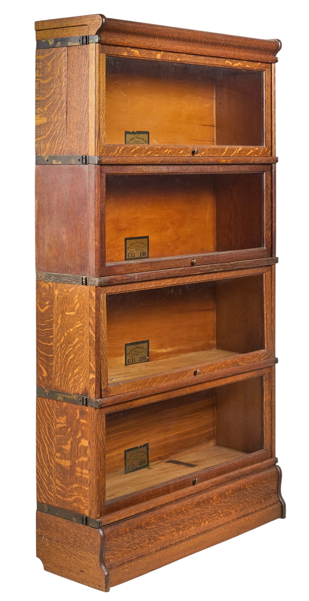 Globe-Wernicke Stacking Bookcase: Vintage stacking Globe-Wernicke Co. stacking bookcase with four tiers of storage height 62 in. x width 34 in. x depth 10.5 in. Provenance: Property from a home in San Antonio, Texas