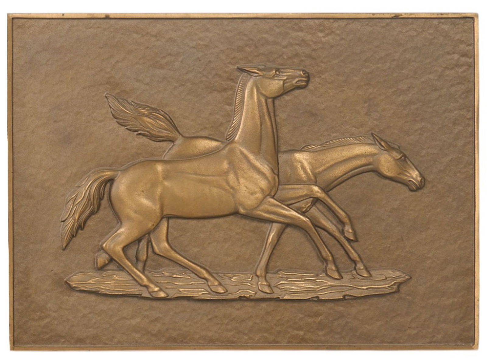 Alamo Iron Works, Running Horses Plaque: Solid cast bronze sculptural relief plaque depicting two running horses, one of four cast at the Alamo Iron Works (San Antonio, Texas); two were cast for a San Antonio bank (private commission)