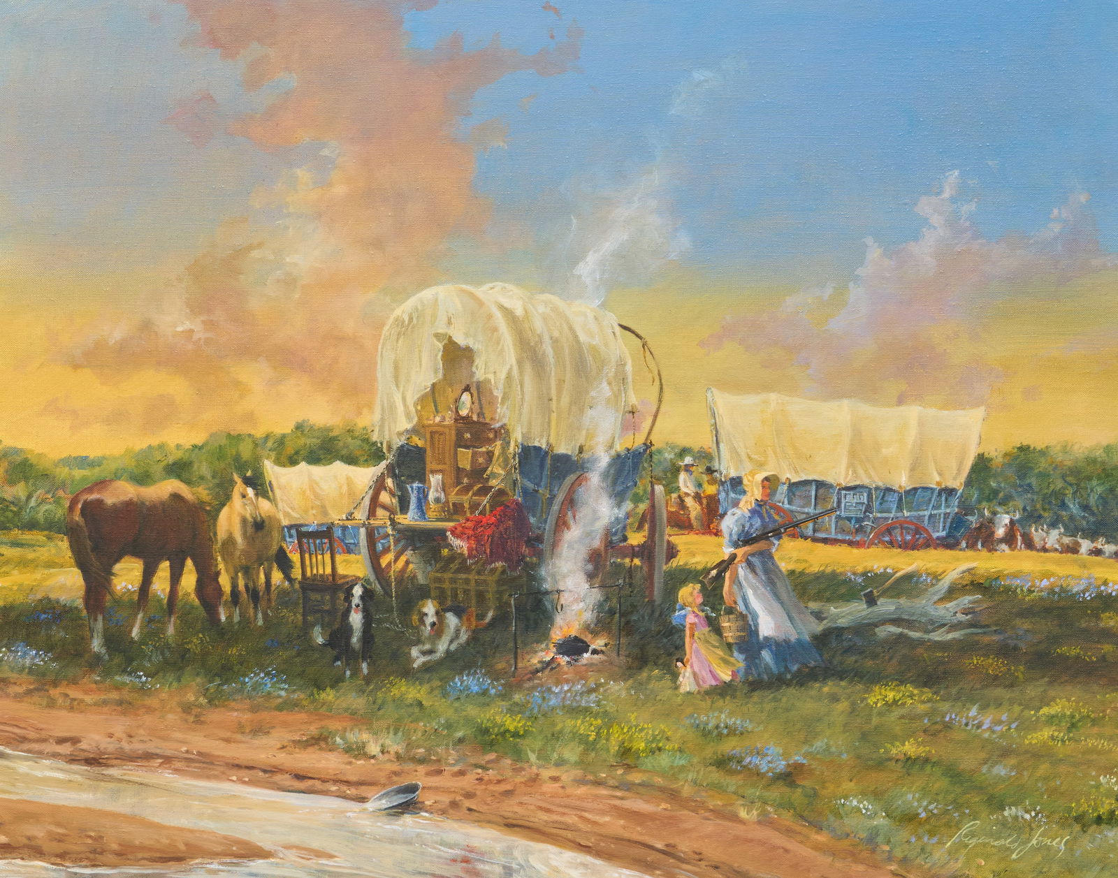 Reginald Jones, Covered Wagon Stop: Reginald Jones (Amer., 20th-21st C.), covered wagons stopping along a river, oil on canvas, signed lower rightsight: 24 x 30 in., frame: 32.5 x 38.5 in.Provenance: Property deaccessioned