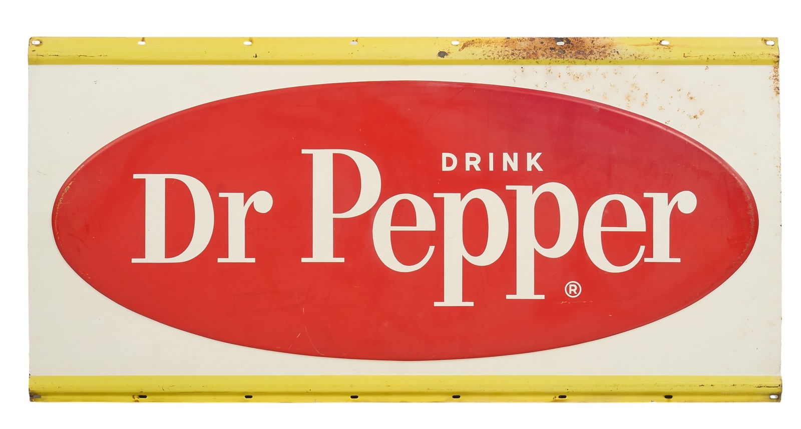 Vintage Dr. Pepper Sign, 1960s: Vintage single-sided painted metal Dr. Pepper sign, circa 1960sheight 67 in. x width 89. 5 in. x width 76 in.Provenance: Property from a New Braunfels, Texas collector of vintage signage 