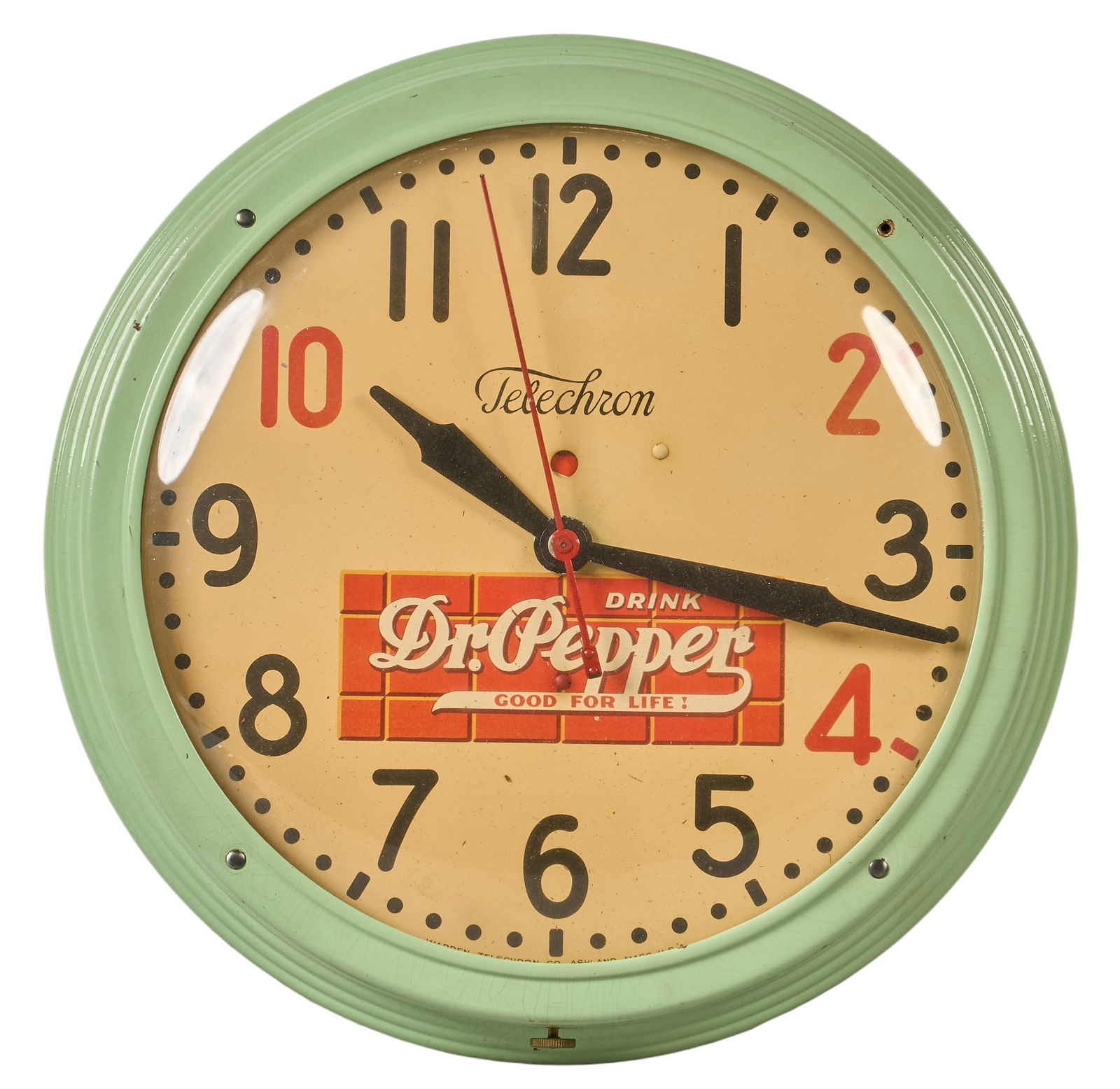 Vintage Dr. Pepper Clock, 20th C.: Vintage Telechron Drink Dr. Pepper wall clock, circa 20th century diameter 15 in. x depth 3 in. Provenance: Property from a home in San Antonio, Texas