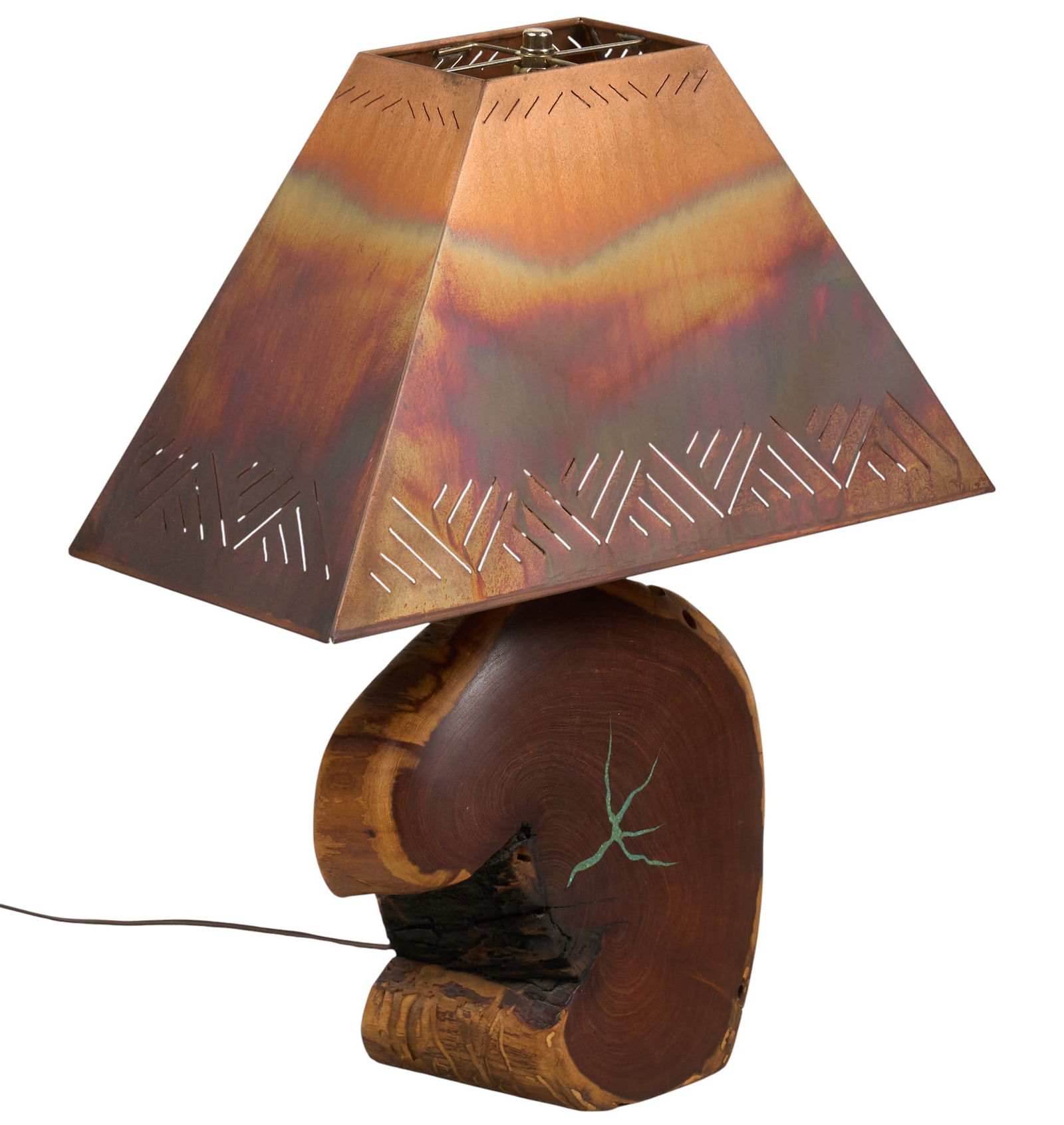 Southwestern Style Table Lamp: Southwestern style table lamp with live edge base with turquoise inlay, and pierced copper shade height 22 in. x width 18 in. x depth 9 in.Provenance: Property from a home in Ingram, Texas