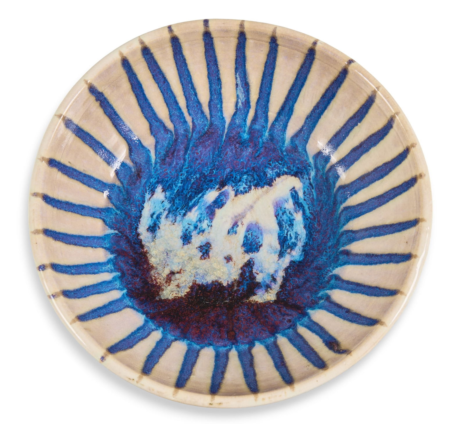 Harding Black, White & Blue Drip Bowl, 1995: Harding Black (San Antonio, Texas, 1912-2004), ceramic bowl with blue drip over white glaze, incised signature and date on the underside, 1995height 3 in. x 9.5 in. diameterProvenance: Property